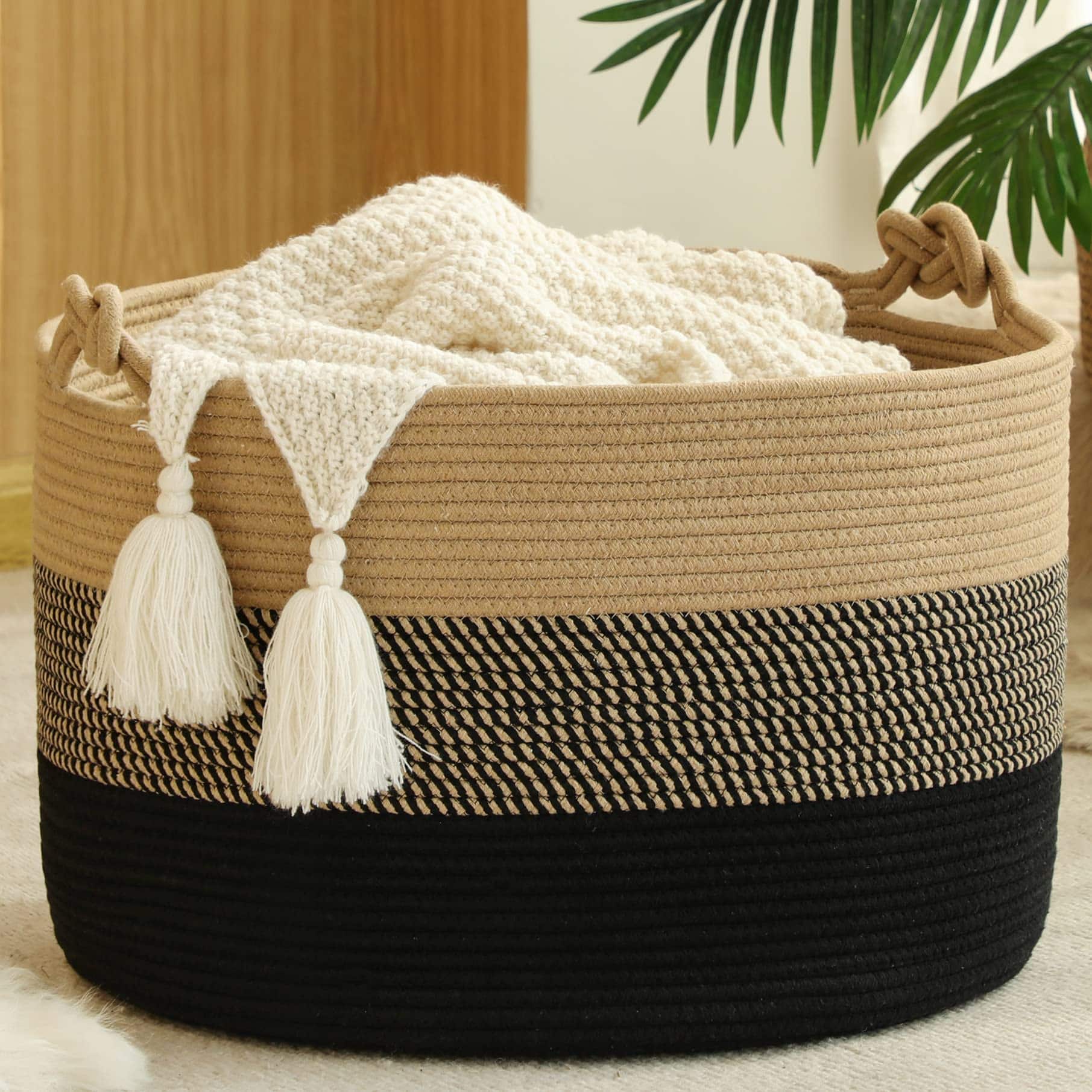 JETRANSPORT - Large Blanket Basket (20"x13") Woven Baskets For Storage Laundry Hamper Cotton Rope Living Room Pillows Chest - Black