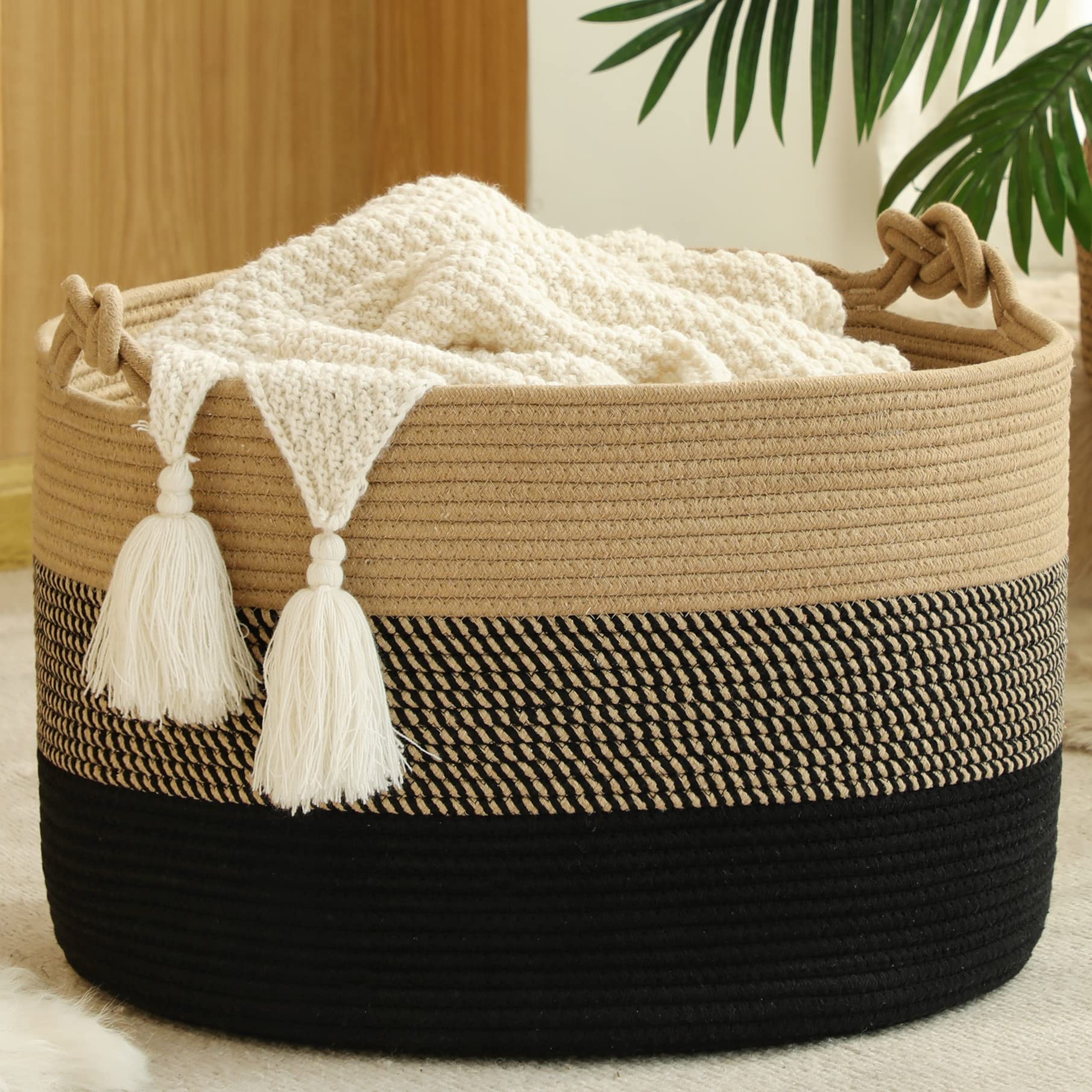 JETRANSPORT - Large Blanket Basket (20"x13") Woven Baskets For Storage Laundry Hamper Cotton Rope Living Room Pillows Chest - Black