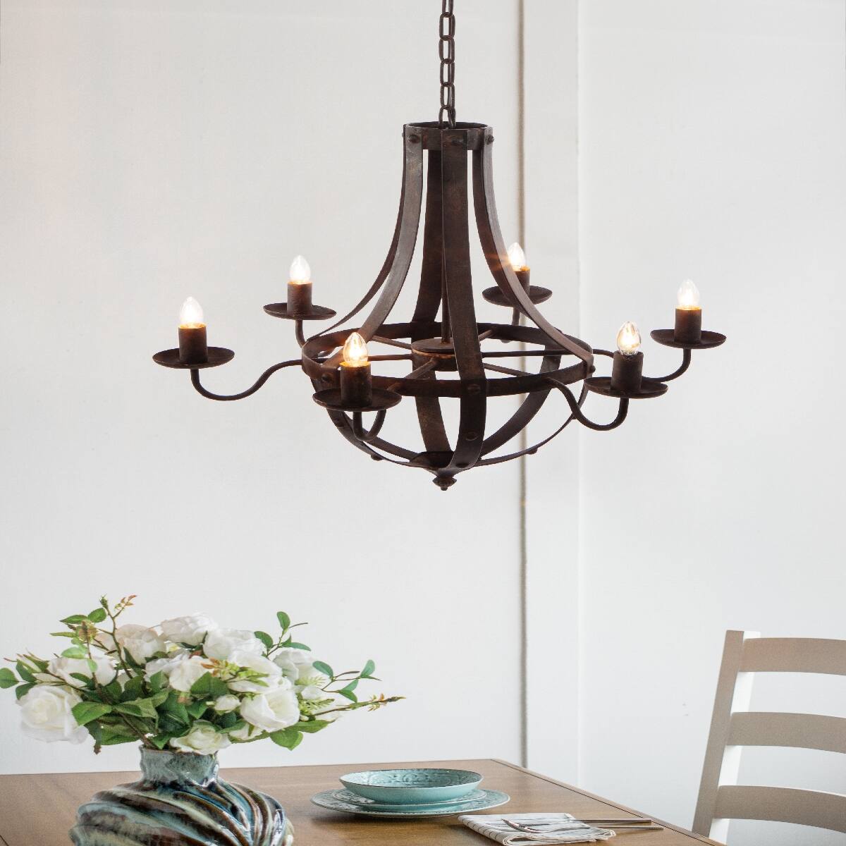 Alt View 4. Loheer - Loheer 6-Light Black Iron Chandelier with Adjustable Chain for Dining Room and Foyer.