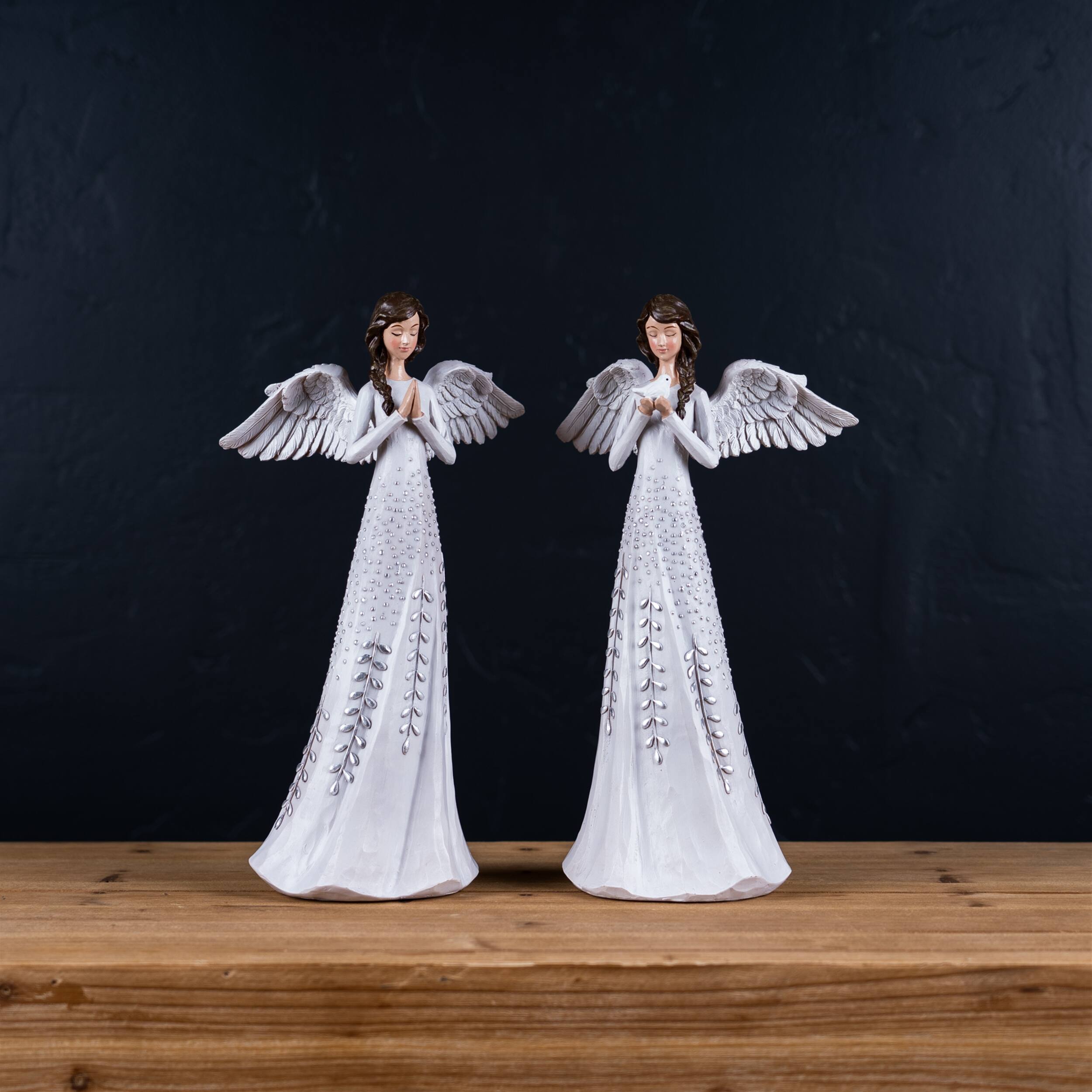 Angle. BreeBe - Angel Figurine with Silver Floral Accent (Set of 2) - White, Silver.