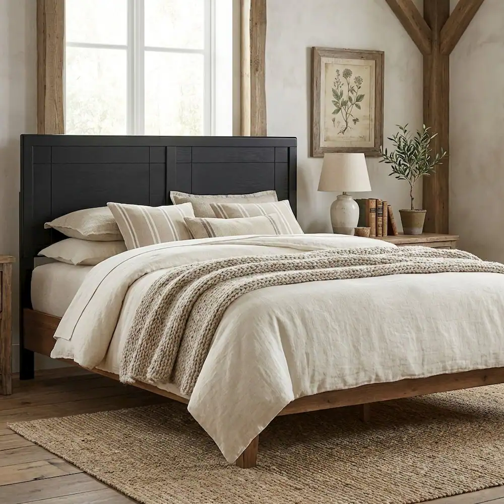 Angle. FurniFact - Wood Full Headboard with Classic Design and Durable Construction for Bed - Black.
