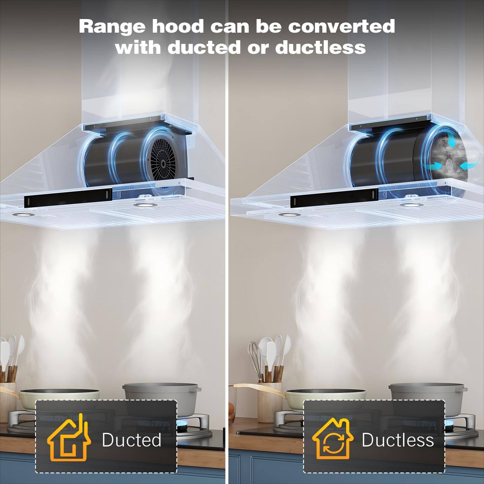 Range hood can be converted with ducted or ductless

Ducted

Ductless
