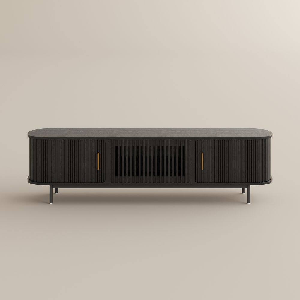 Alt View 5. POVISON - 79"Mid-Century Modern Tambour Door TV Stand,Black with LED Lights - Black with LED Lights.