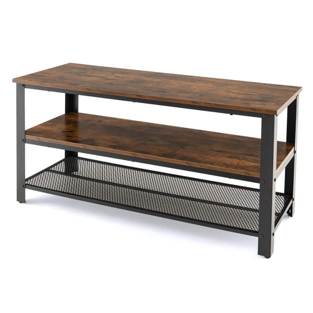 Pefilos - 3-Tier Industrial Entertainment TV Stand with Metal Mesh Shelf, Mid Century Modern TV Stand for Living Room Bedroom - Brown