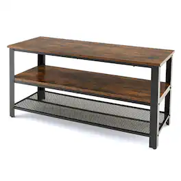 Pefilos - 3-Tier Industrial Entertainment TV Stand with Metal Mesh Shelf, Mid Century Modern TV Stand for Living Room Bedroom - Brown