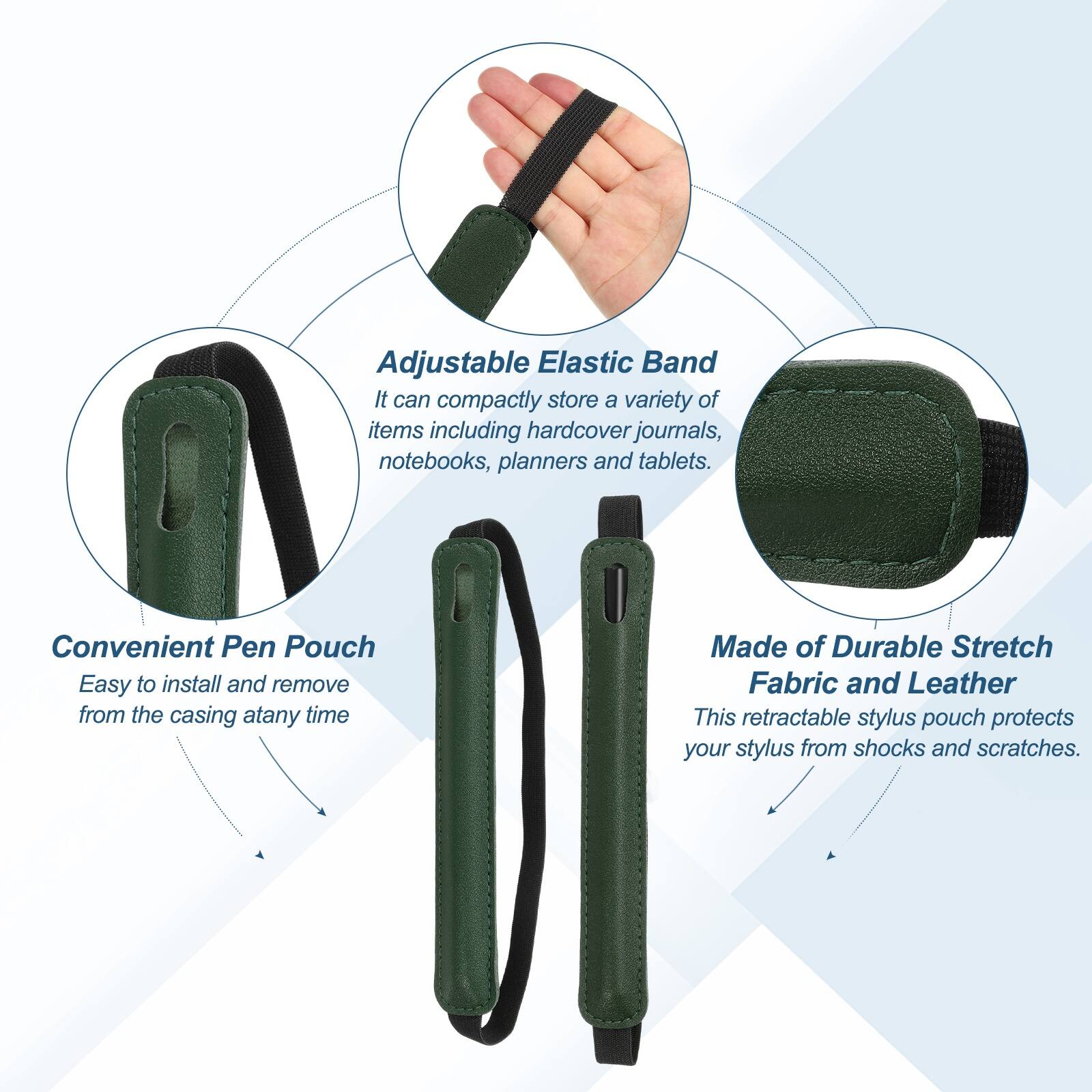 Adjustable Elastic Band  
It can compactly store a variety of items including hardcover journals, notebooks, planners, and tablets.

Convenient Pen Pouch  
Easy to install and remove from the casing at any time.

Made of Durable Stretch Fabric and Leather  
This retractable stylus pouch protects your stylus from shocks and scratches.