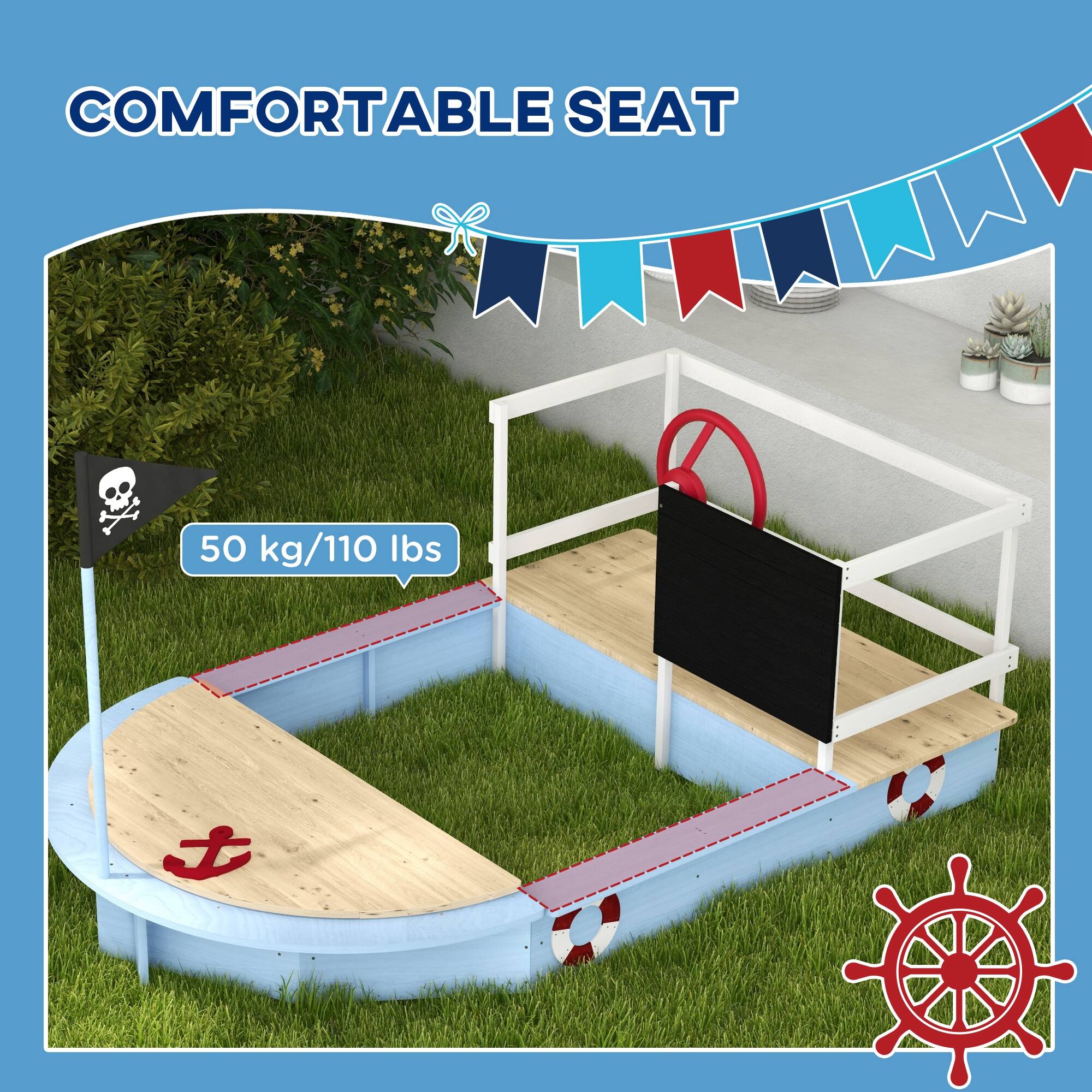 Alt View 2. Outsunny - Wooden Sandbox, Kids Pirate Ship Outdoor Sandbox with Blackboard, Flag, Rudder, Anchor Sign, Storage Deck, Sand Pit.