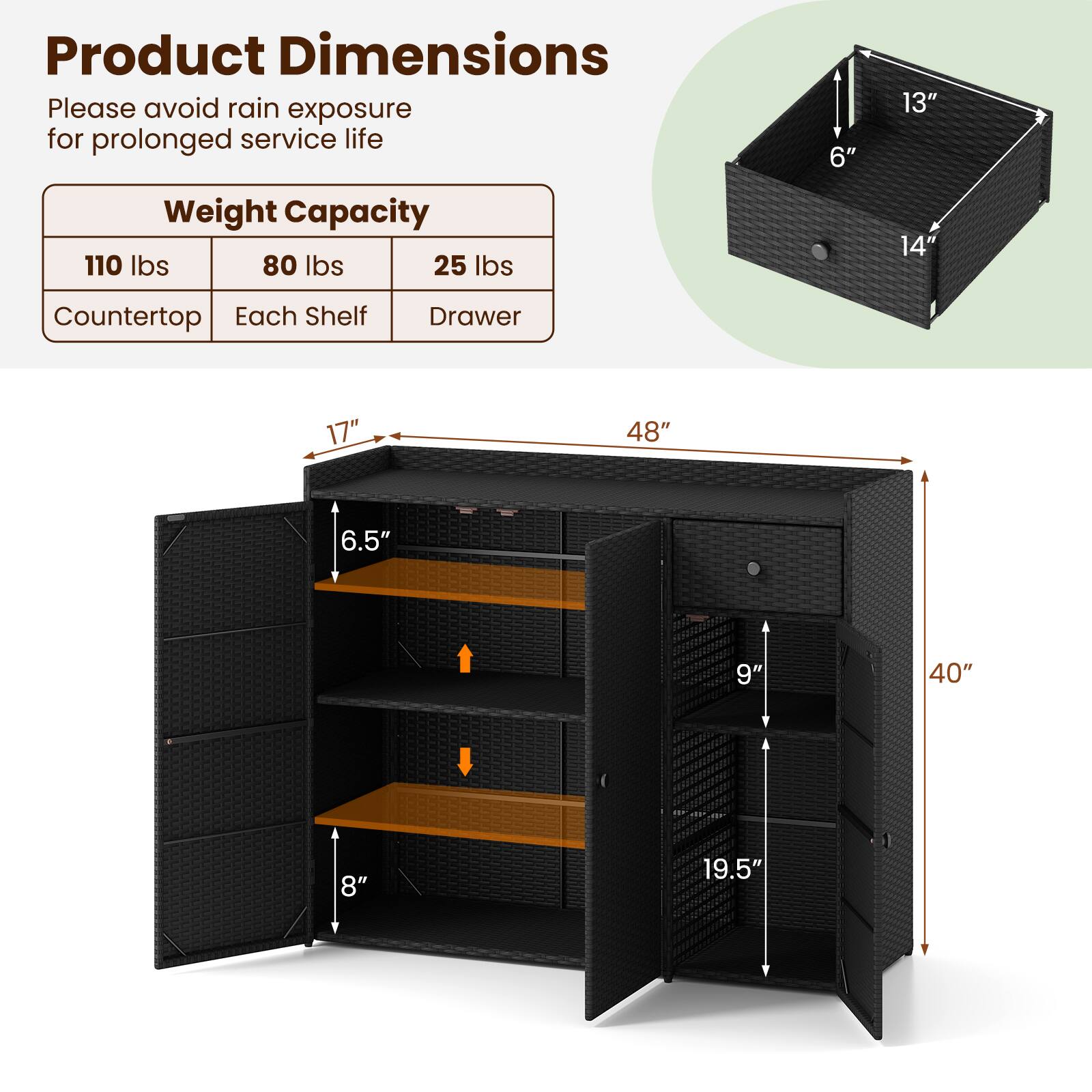 Product Dimensions  
Please avoid rain exposure for prolonged service life  

Weight Capacity  
110 lbs (Countertop)  
80 lbs (Each Shelf)  
25 lbs (Drawer)  

Dimensions:  
6" x 13" x 14" (Drawer)  
17" x 48" x 6.5" (Shelf)  
9" x 40" x 8" (Drawer)  
19.5" (Height)