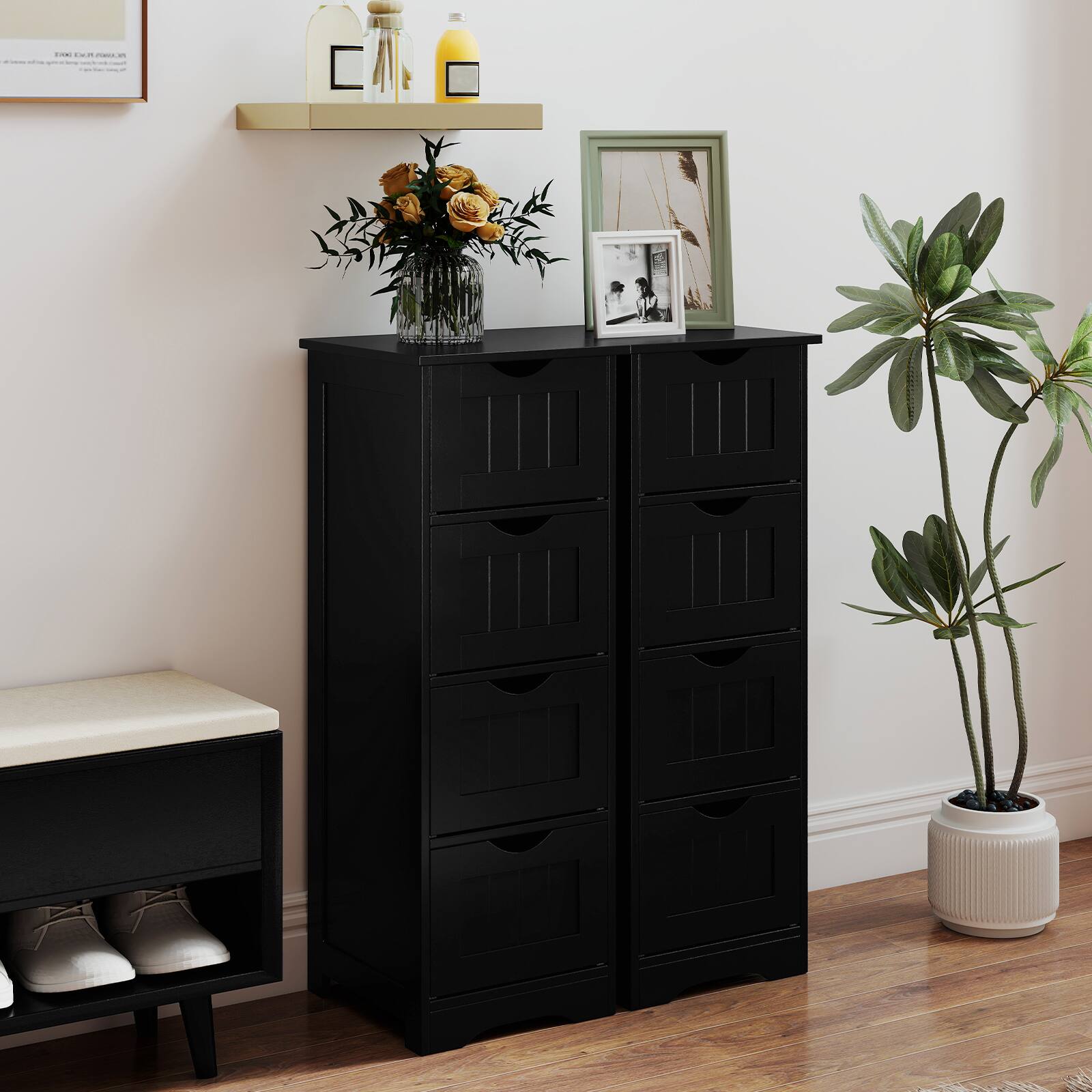 Alt View 3. Gymax - Gymax Bathroom Floor Cabinet Freestanding Narrow Side Storage Organizer w/ 4 Drawers - Black.