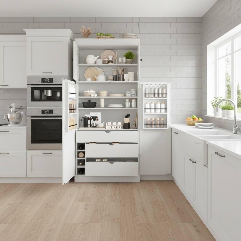 Left. Forest'nSky - 77" Tall Kitchen Pantry Cabinet, Shaker Style with Adjustable Shelves, Drawers & Wine Racks, White - White.