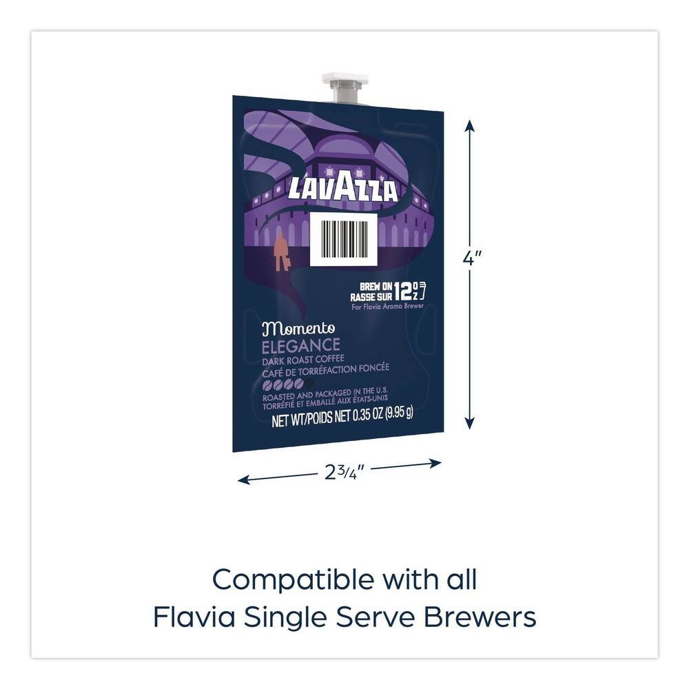 LAVAZZA BREW ON 12  
RASSE SUR 12  
For Flavia Aroma Brewer  

Momento ELEGANCE  
DARK ROAST COFFEE  
CAFÉ DE TORRFACTION FONCÉE  

ROASTED AND PACKAGED IN THE U.S.  
TORRFI ET EMBALLÉ AUX ÉTATS-UNIS  

NET WT/POIDS NET 0.35 OZ (9.95g)  

Compatible with all Flavia Single Serve Brewers