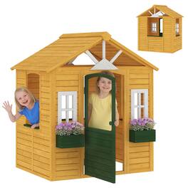 Qaba - Playhouse, Wooden Kids Playhouse with Door, 3 Windows, 2 Flower Boxes for Garden, Indoor Playroom - Brown
