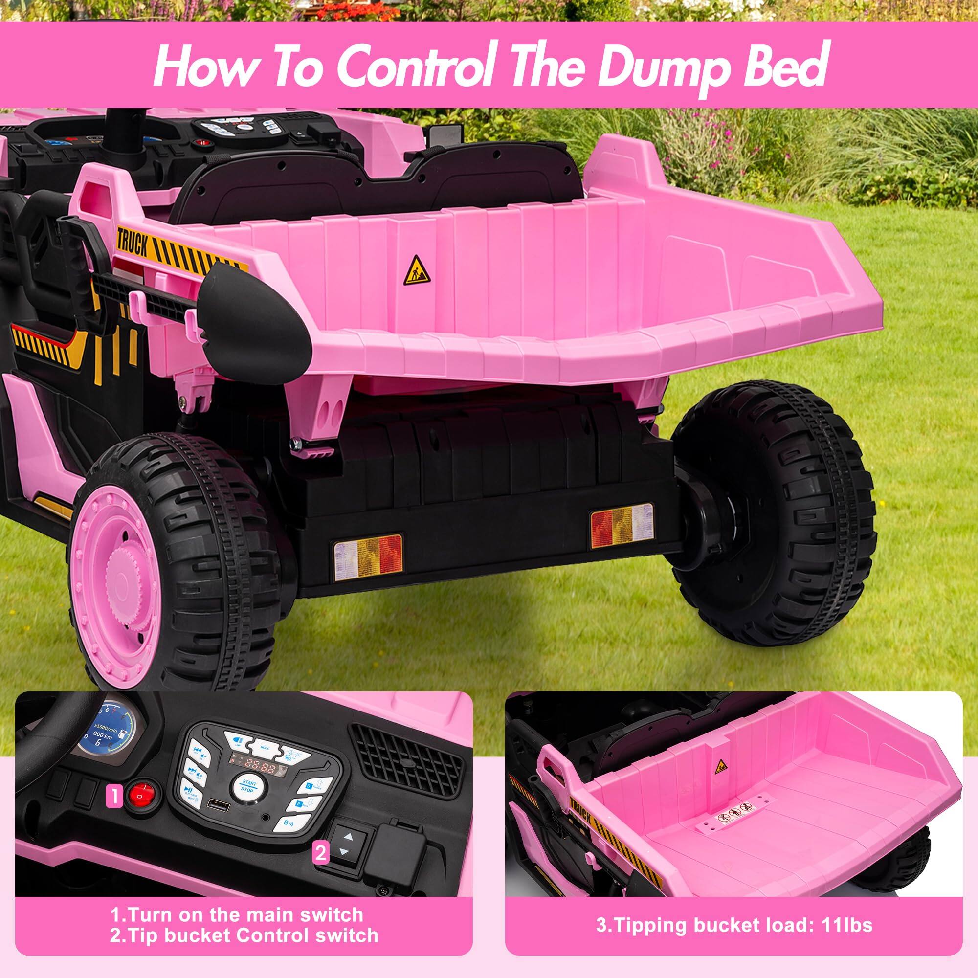 How To Control The Dump Bed

1. Turn on the main switch
2. Tip bucket Control switch
3. Tipping bucket load: 11lbs