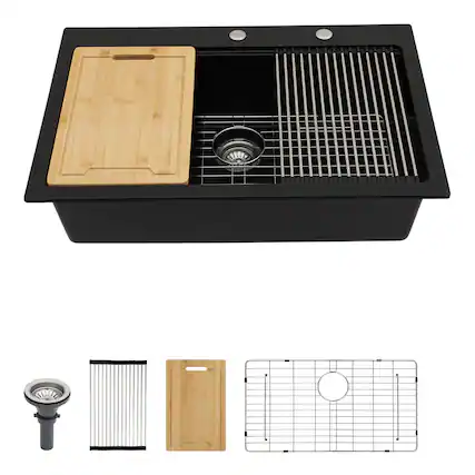 Front. Lordear - 33x22x10 Inch Black Granite Composite Drop In Workstation kitchen Sink Single Bowl Quartz Kitchen Sink - Black.