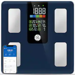 GE - Smart Body Weight Scale, Digital Body Fat BMI Muscle Scale, Bluetooth Health Analyzer with App, 500lb Large Platform - Dark Blue
