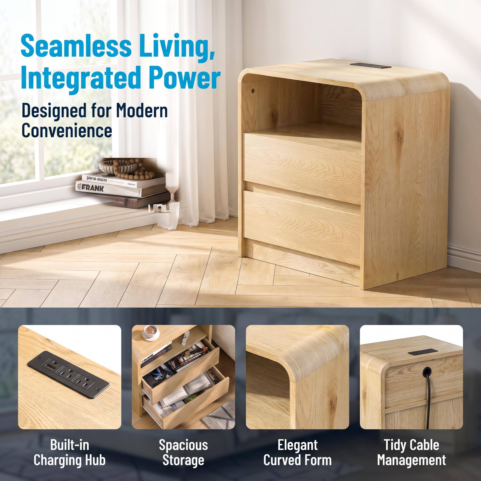 Seamless Living, Integrated Power  
Designed for Modern Convenience

plene deozin  FRANK

Built-in Charging Hub  
Spacious Storage  
Elegant Curved Form  
Tidy Cable Management