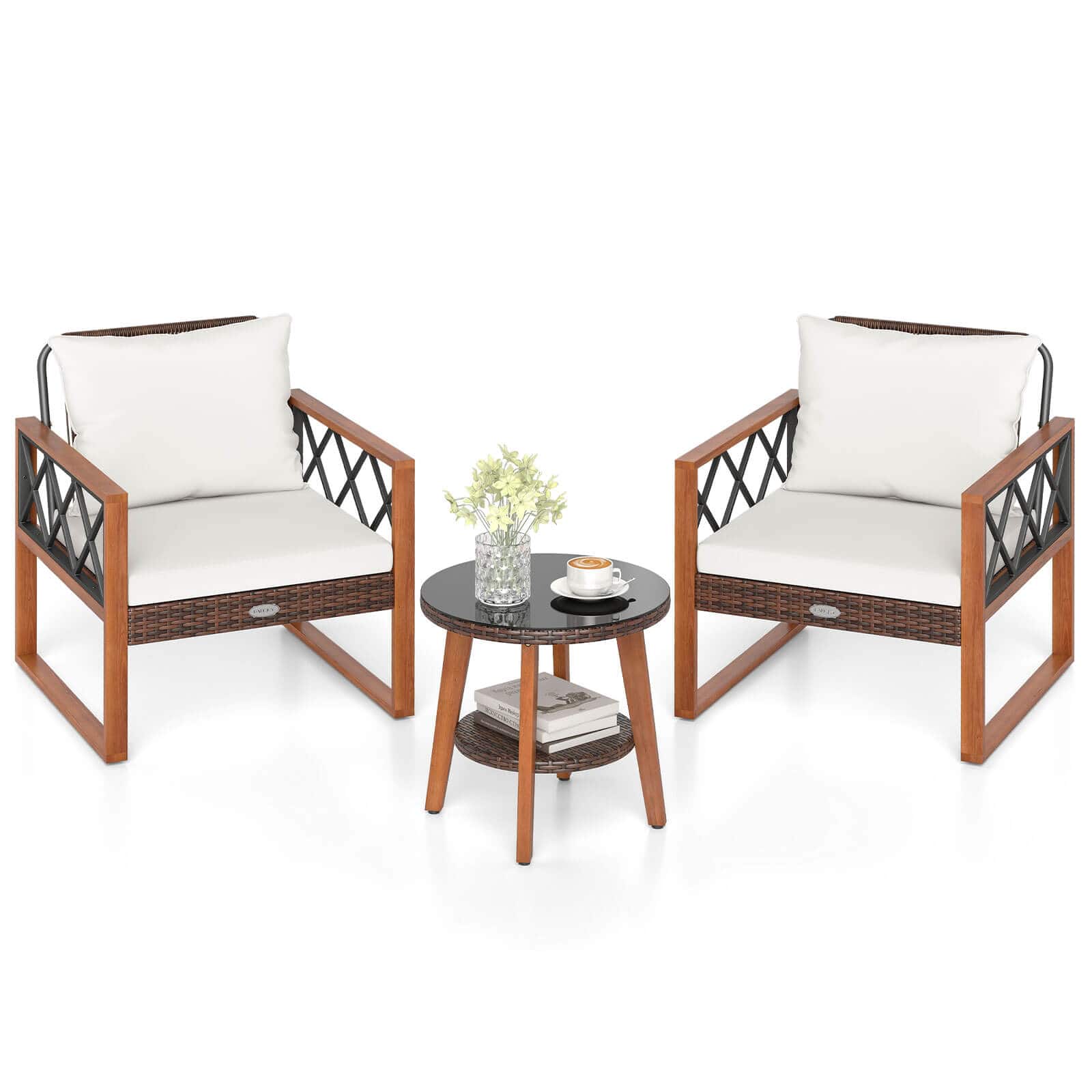 Costway - 3 PCS Patio PE Wicker Furniture Set with Solid Acacia Wood Frame & Cushions - White price history on PriceWatchPro