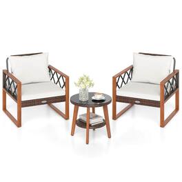 Costway - 3 PCS Patio PE Wicker Furniture Set with Solid Acacia Wood Frame & Cushions - White