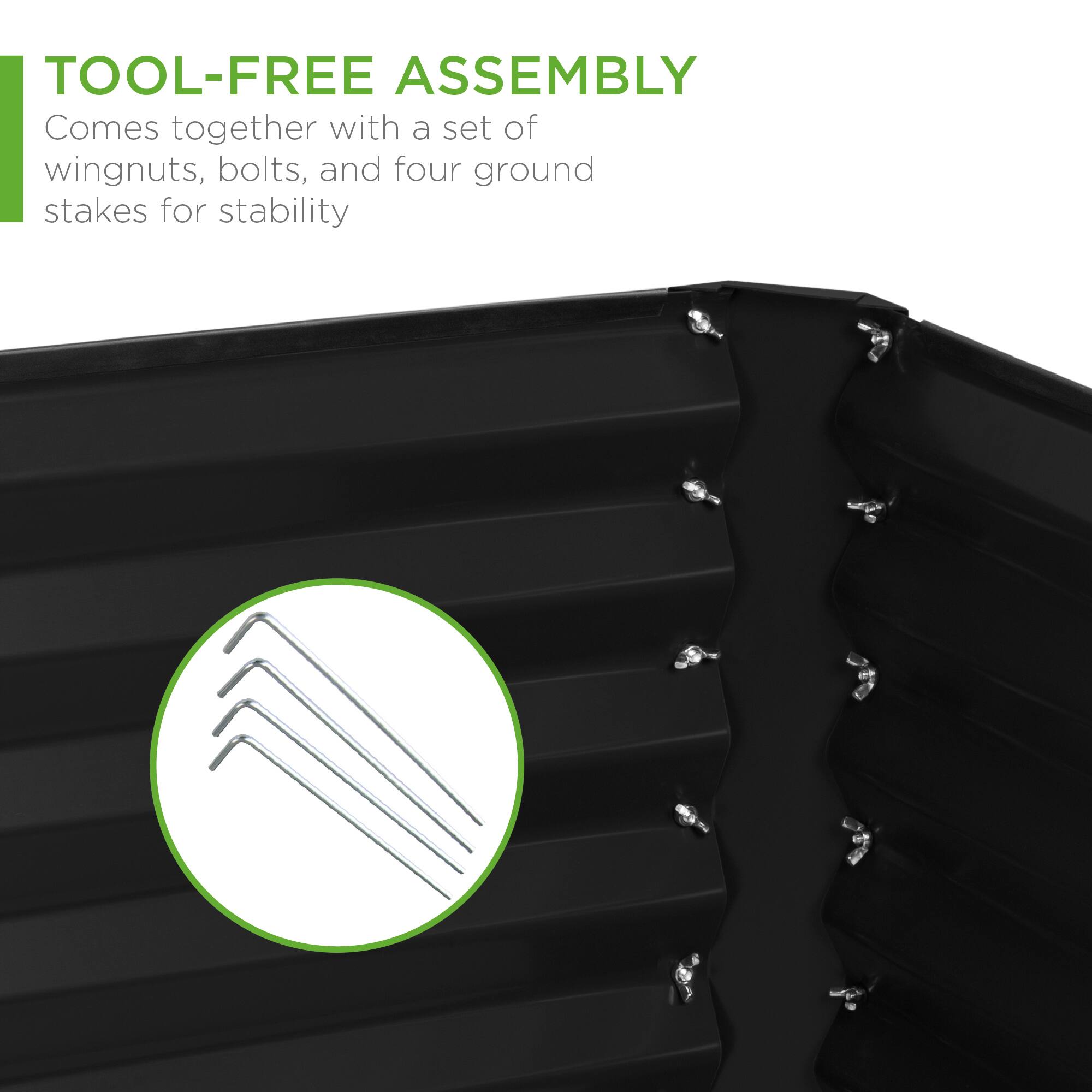 TOOL-FREE ASSEMBLY  
Comes together with a set of wingnuts, bolts, and four ground stakes for stability