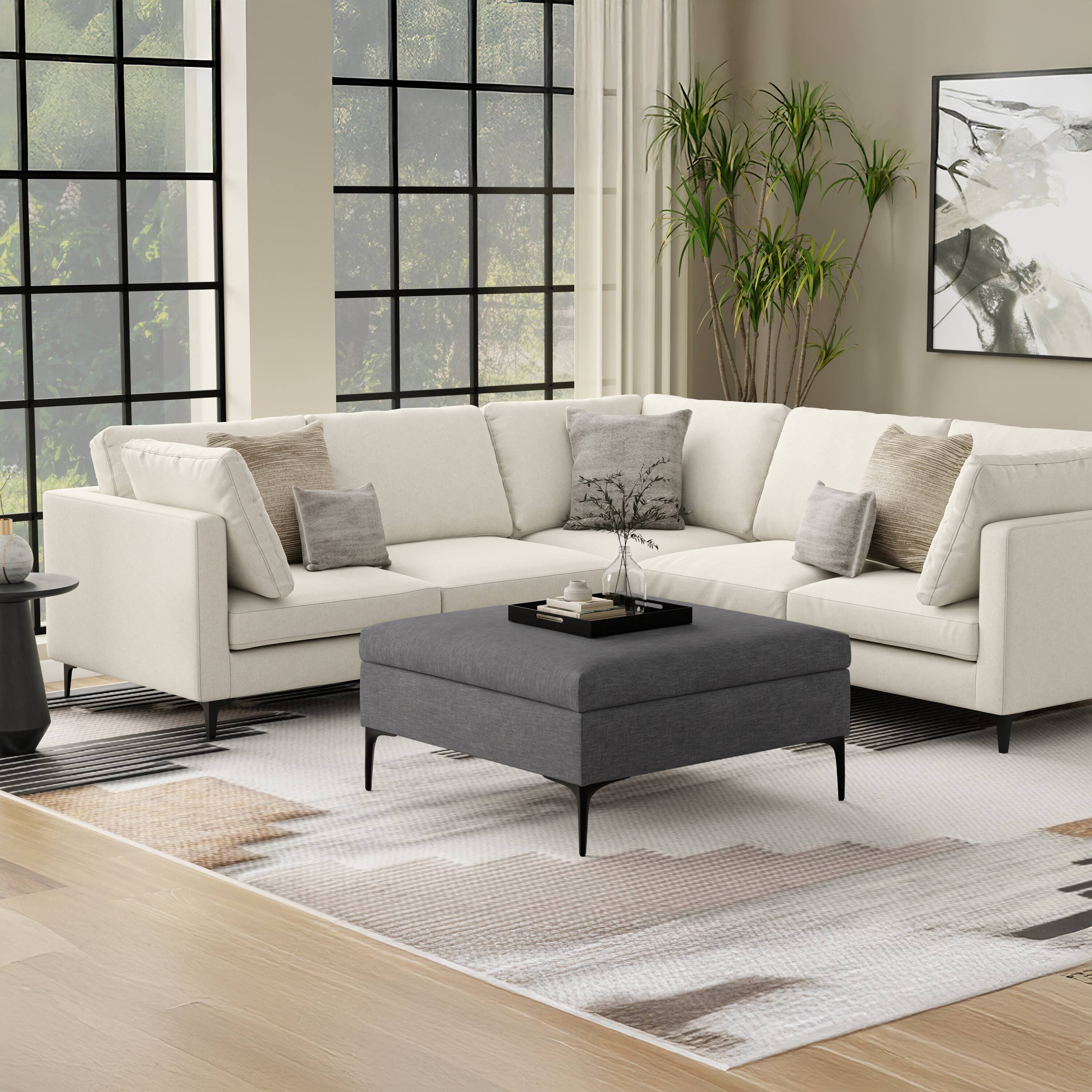 Left. Simpli Home - Rebecca 36 inch Mid Century Coffee Table Storage Ottoman with Lift Up Lid in Slate Grey Polyester Linen, Assembled - Slate Grey.