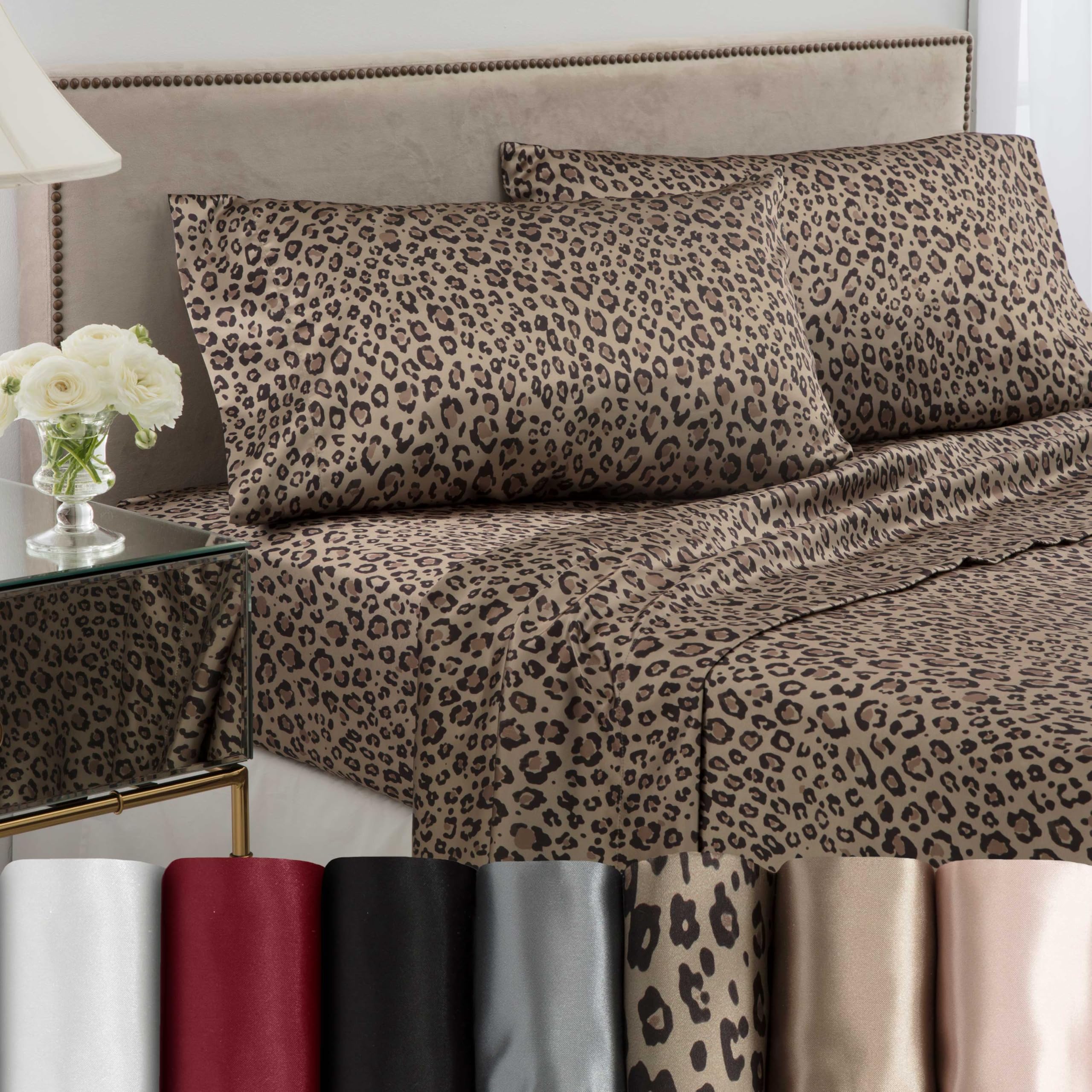 Alt View 2. Dapper Styles - Elegance 4-piece Satin Sheets Set - Luxury Hotel Quality Leopard Print Silky Soft Smooth - Brown-Queen.