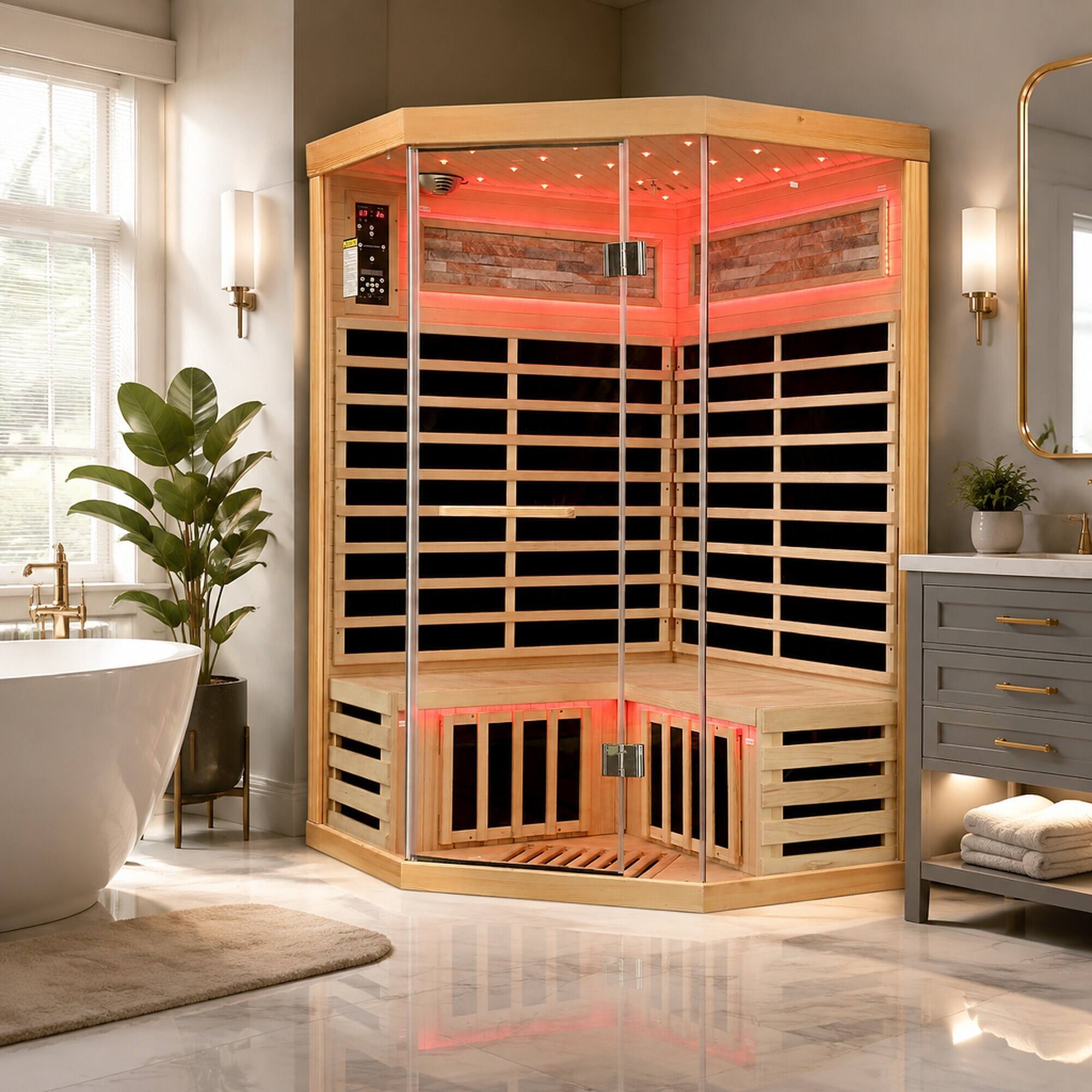 Back. RYHNUYNE - Double Sauna Room, 120 x 120 x 190 cm, Canadian Hemlock Wood, 1935W Carbon Plate Heating, 7 Heating Plates, Starry Sky - Ameican White Oak.