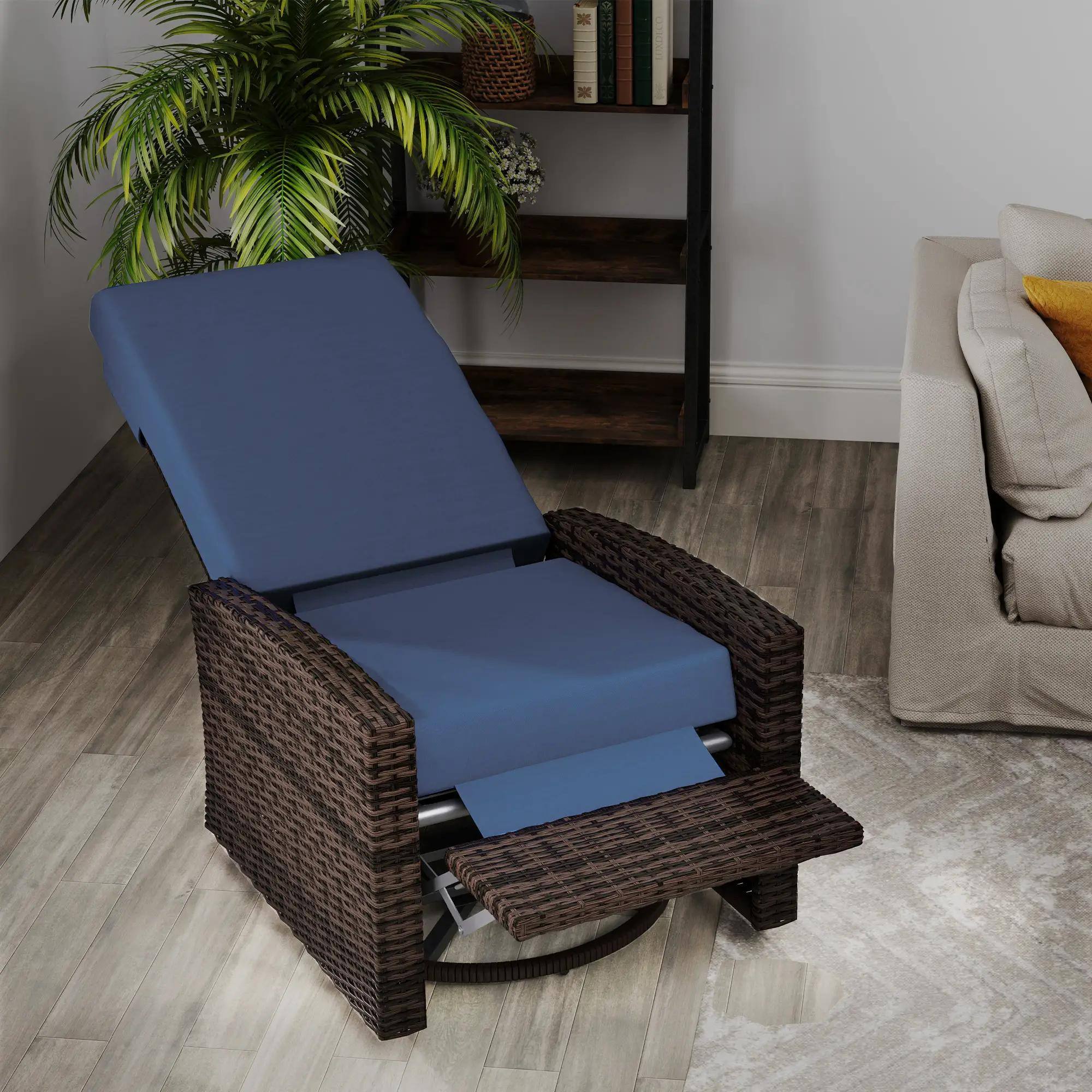 Left. Resenkos - Resenkos Outdoor Wicker Swivel Recliner, Comfortable Lift Footrest, Waterproof Cushions, Perfect Patio Lounger,Blue - Blue.