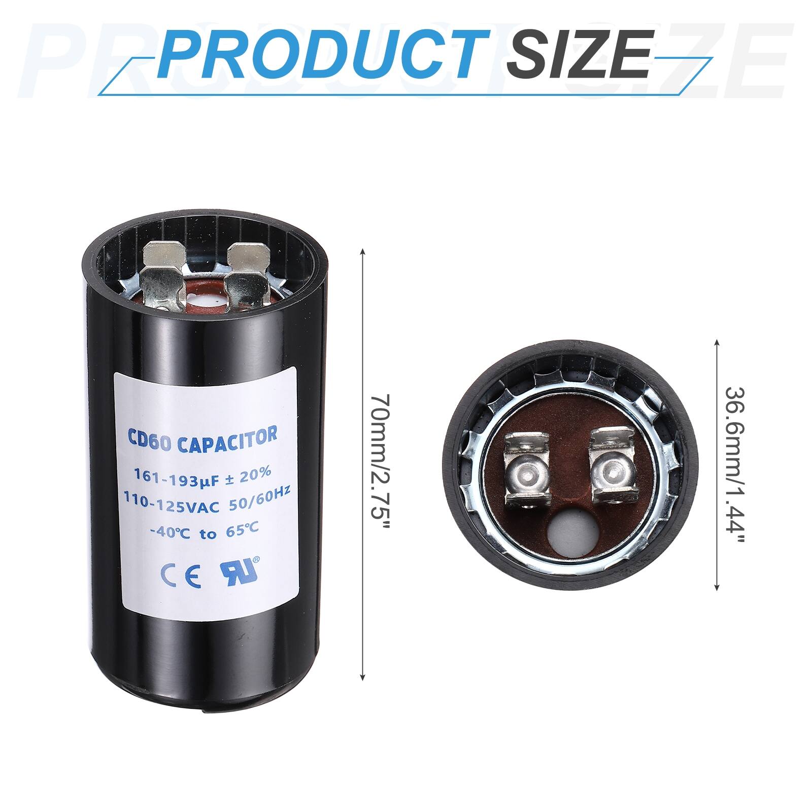 PEPRO PRODUCT SIZE EZE CD60 CAPACITOR 161-193F 161 20% 110-125VAC 50/60Hz -40C to 65C CE UR 70mm/2.75" 36.6mm/1.44" .44"