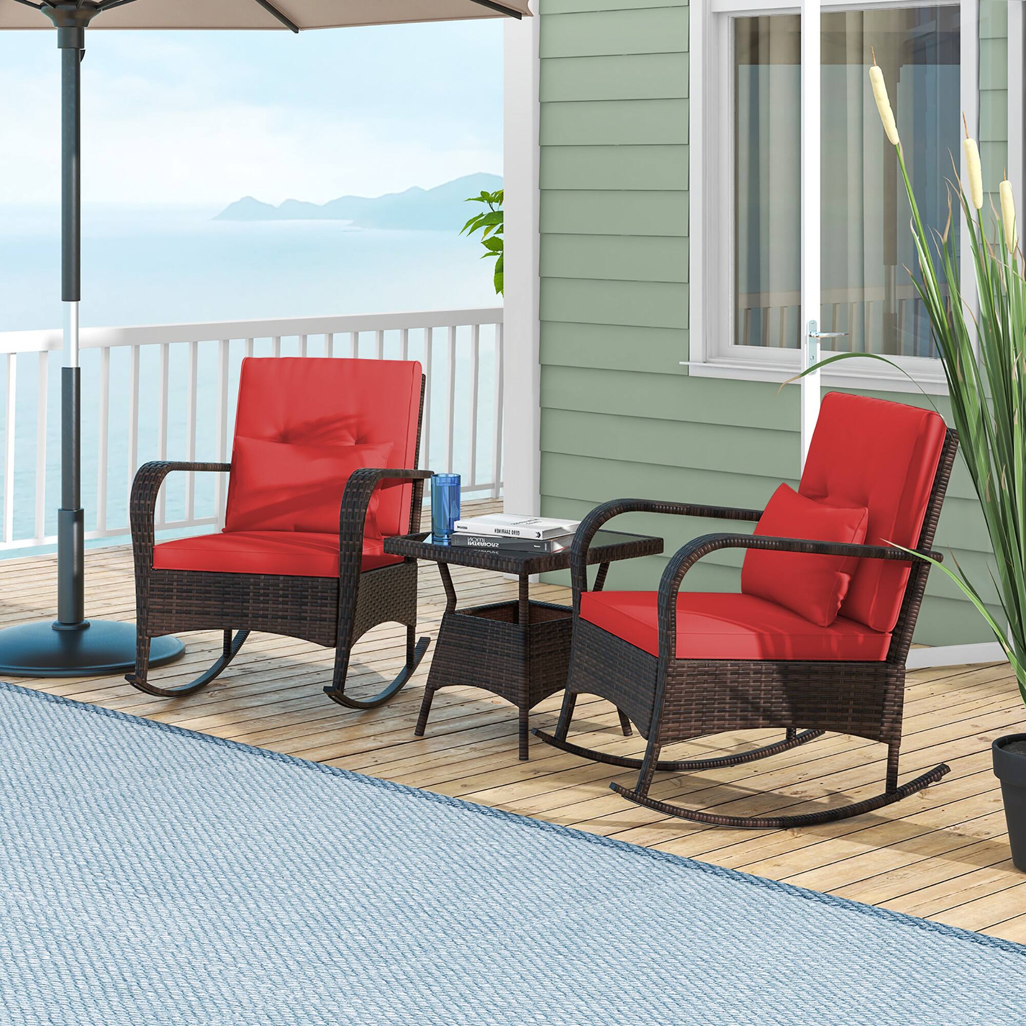 Alt View 3. Gymax - Gymax 3 Piece Outdoor Rocking Set Rattan Rocker Chairs w/ Tempered Glass Coffee Table Red - Red, Mix Brown.