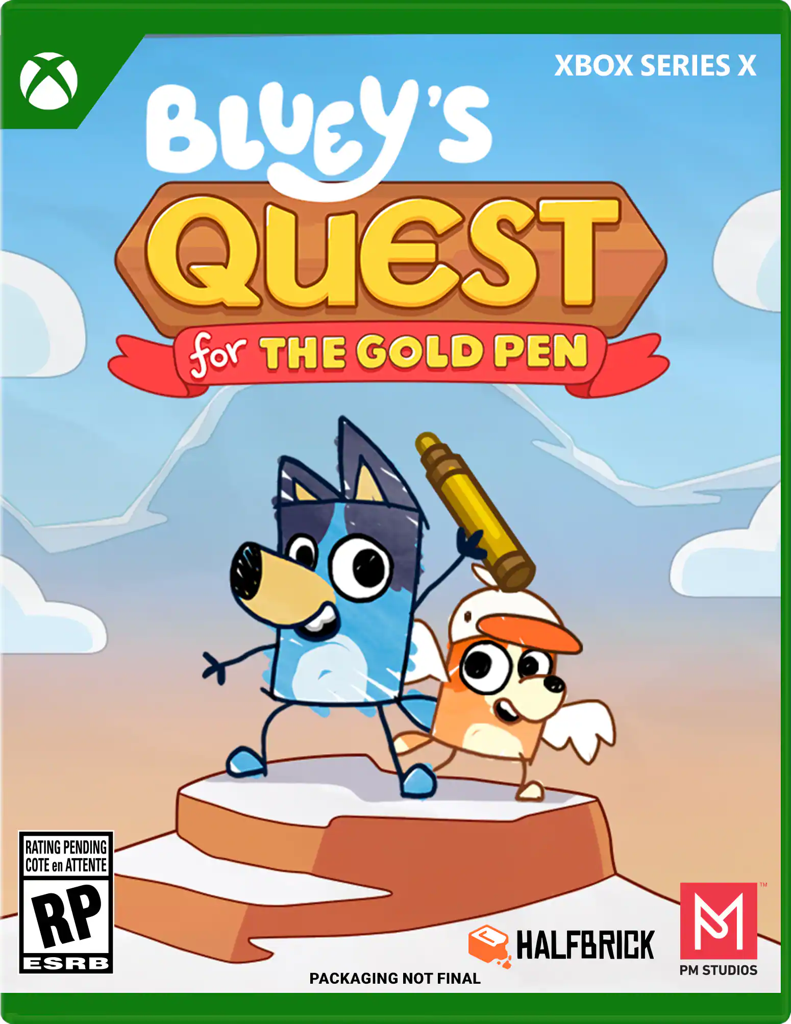 XBOX SERIES X
BluEY's QUEST for THE GOLD PEN
RATING PENDING
COTE en ATTENTE
RP ESRB
HALFBRICK
PM STUDIOS
PACKAGING NOT FINAL - RP (Rating Pending)