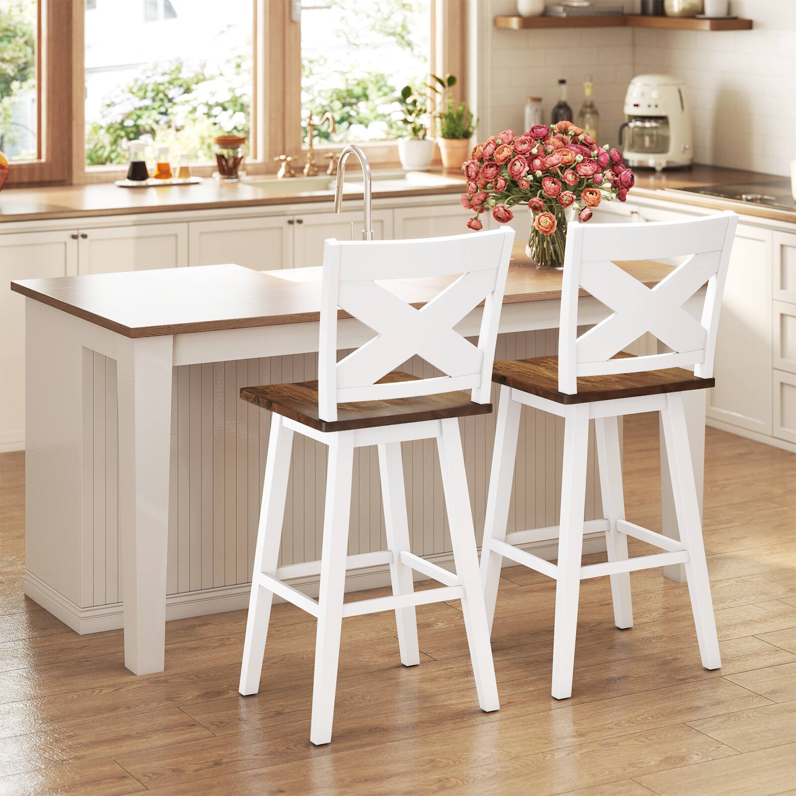 Alt View 4. Gymax - Gymax 29'' Swivel Barstools Set of 4 w/Backrest Large Seat Footrest for Kitchen Island White & Walnut - White.