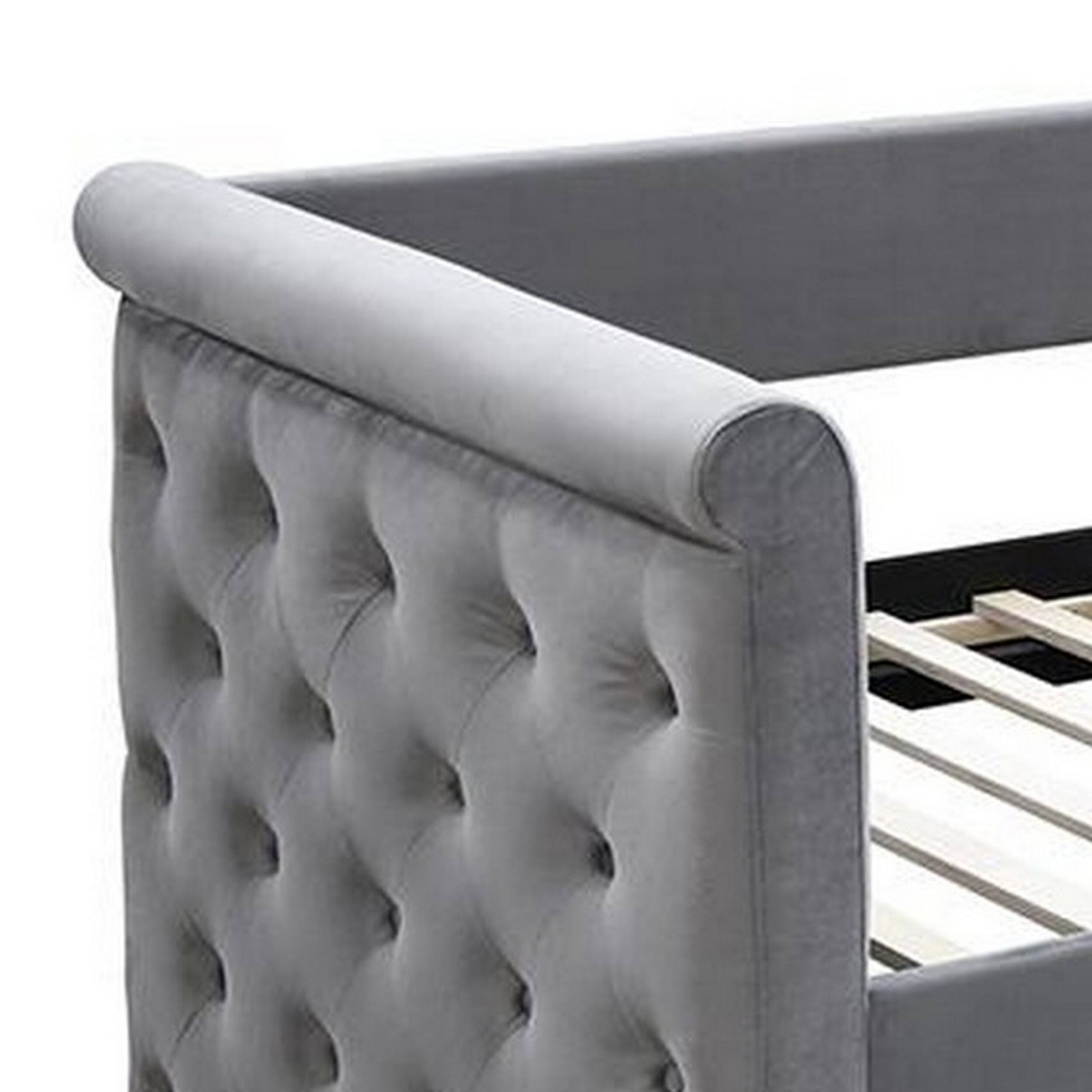 Alt View 2. Manhattan Lane - Edra Classic Wood Upholstered Day Bed with Trundle, Tufted Gray Burlap - Gray.