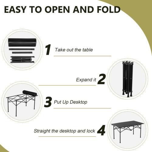 EASY TO OPEN AND FOLD

1. Take out the table
2. Expand it
3. Put Up Desktop
4. Straight the desktop and lock