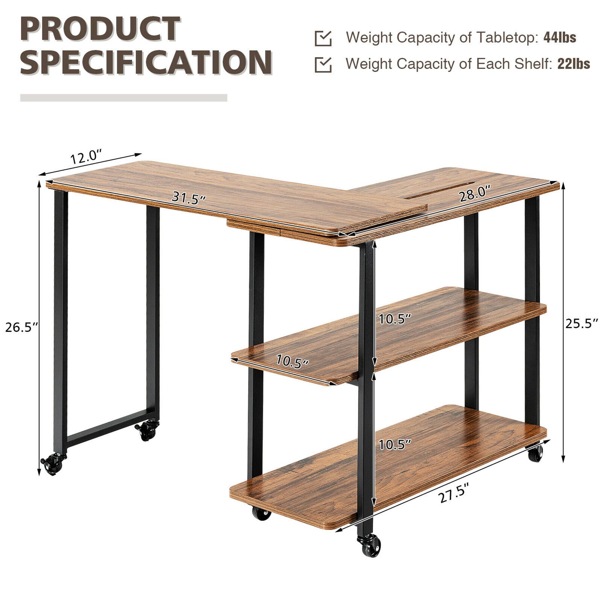 PRODUCT SPECIFICATION

- Weight Capacity of Tabletop: 44lbs
- Weight Capacity of Each Shelf: 22lbs

Dimensions:
- Tabletop: 31.5" x 28.0"
- Height: 26.5"
- Shelf 1: 25.5" x 10.5"
- Shelf 2: 27.5" x 10.5"