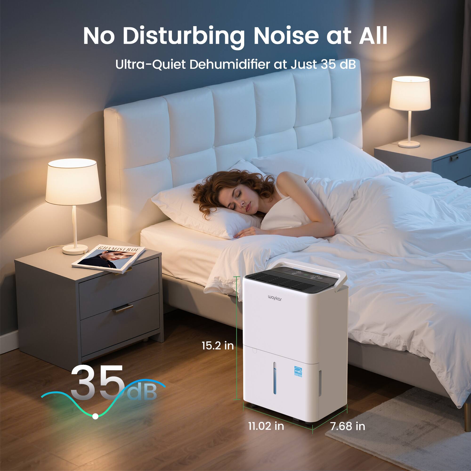 No Disturbing Noise at All, Ultra-Quiet Dehumidifier at Just 35 dB, 35 dB, 15.2 in, 11.02 in, 7.68 in