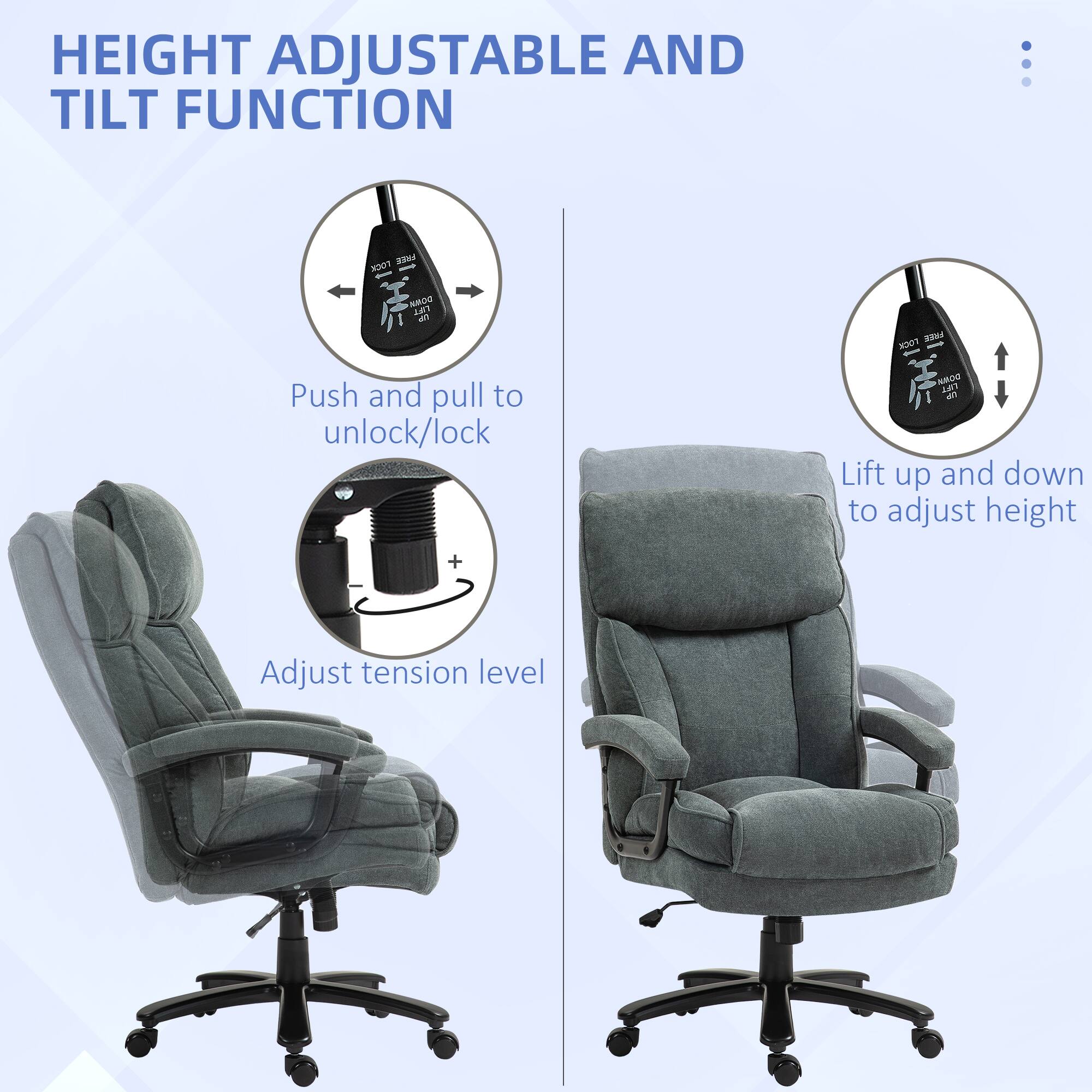 HEIGHT ADJUSTABLE AND TILT FUNCTION : Push and pull to unlock/lock. Lift up and down to adjust height. Adjust tension level.