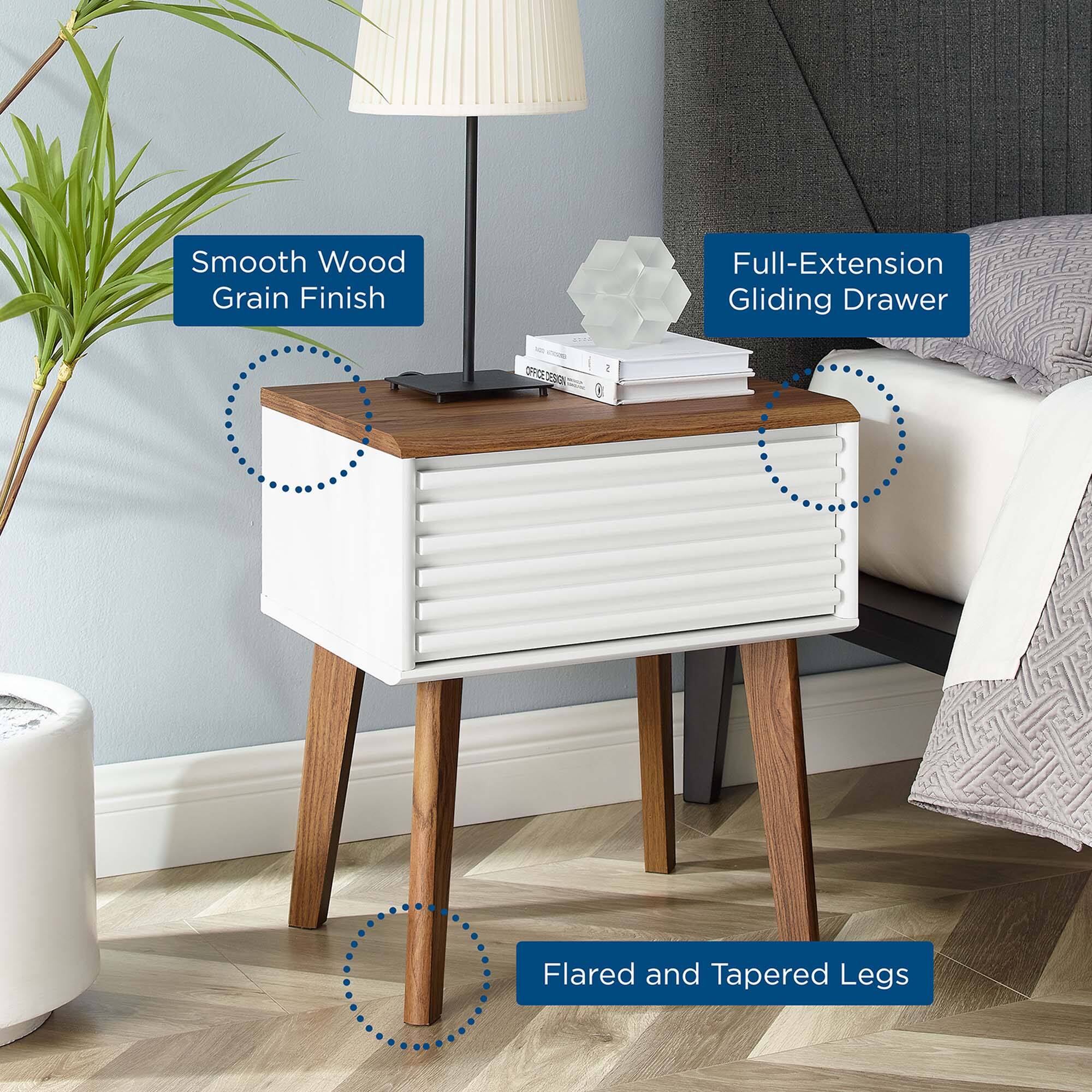 - Smooth Wood Grain Finish
- Full-Extension Gliding Drawer
- Flared and Tapered Legs