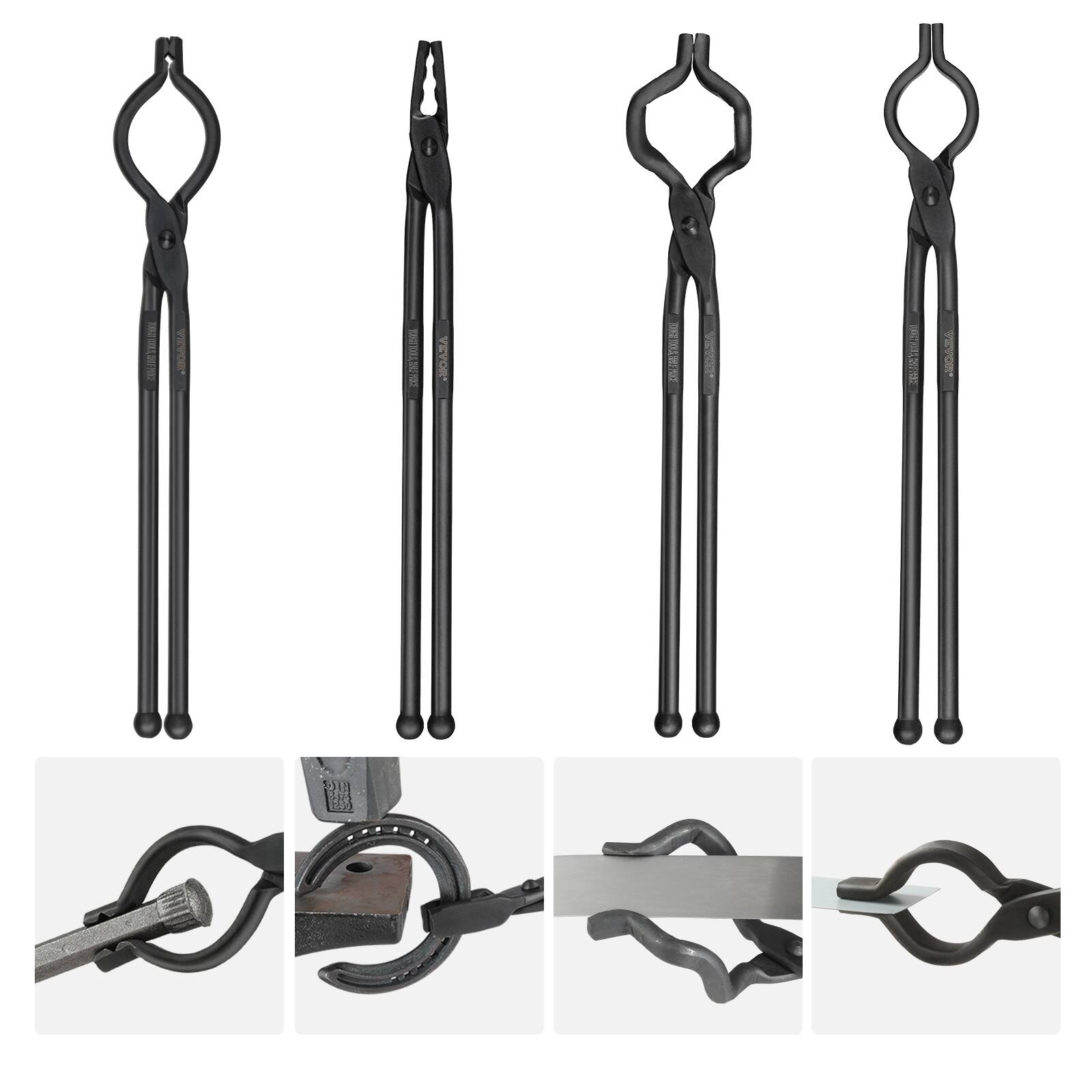 Front. VEVOR - Blacksmith Tongs, 18”4 PCS, V-Bit Bolt Tongs, Wolf Jaw Tongs, Z V-Bit Tongs and Gripping Tongs, Carbon Steel Forge Tongs - Black.