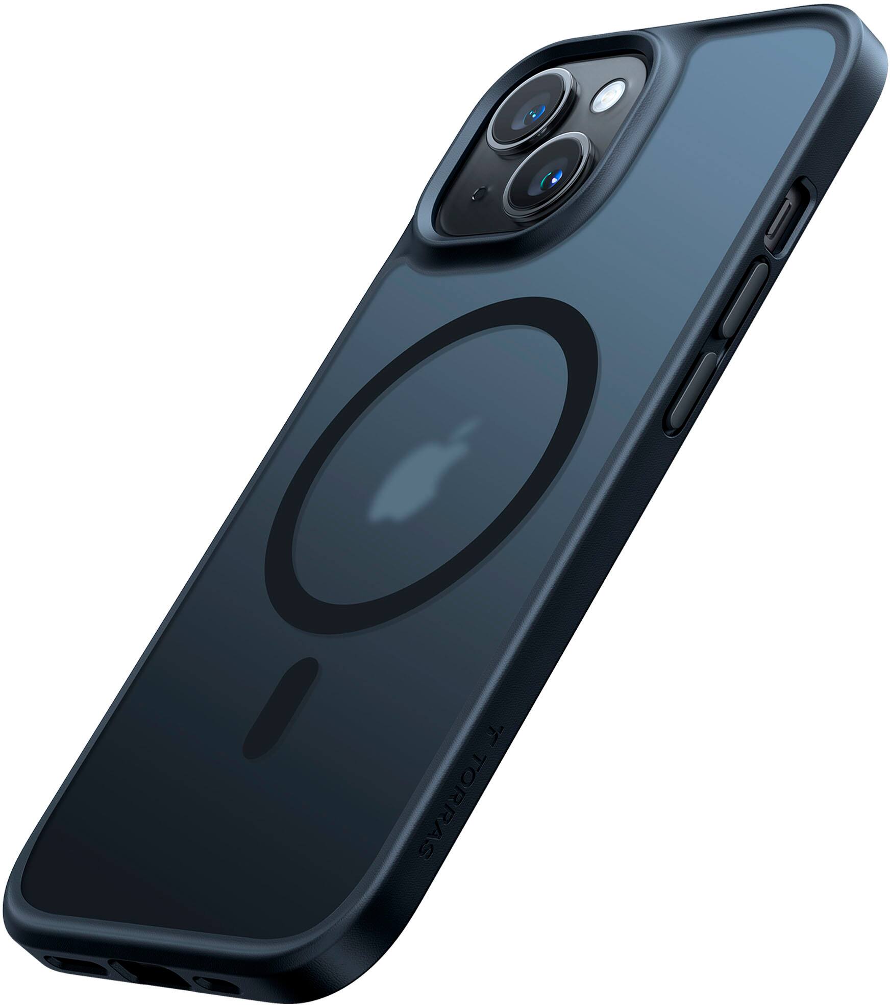 Angle. TORRAS - Guardian Magnetic Military Grade Drop Tested & Compatible MagSafe slim Frosted Case designed for Apple iPhone 15 - Black.