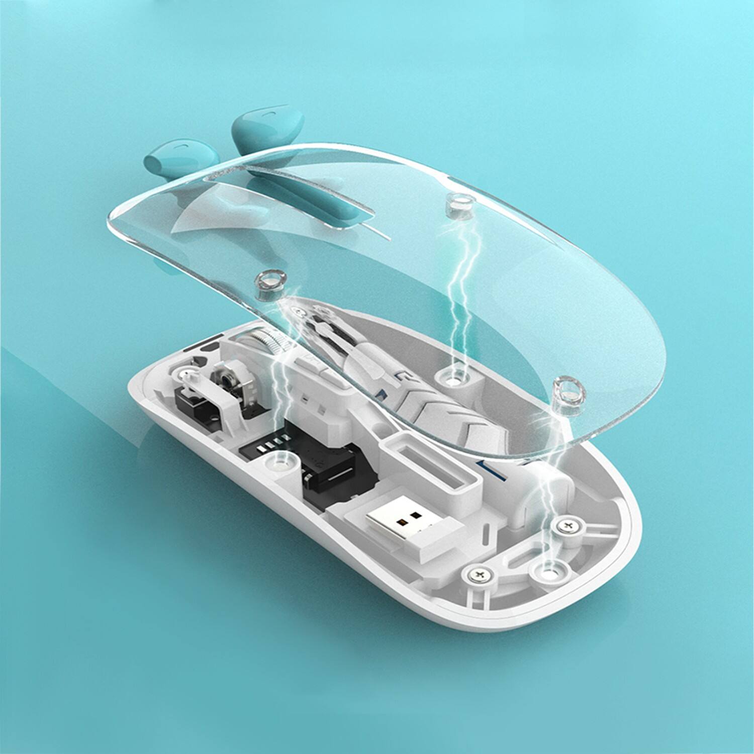 Angle. SaharaCase - Wireless Mouse | Transparent Shell | Rechargable Battery | USB & Type C Adapter | Glacier Series - White.