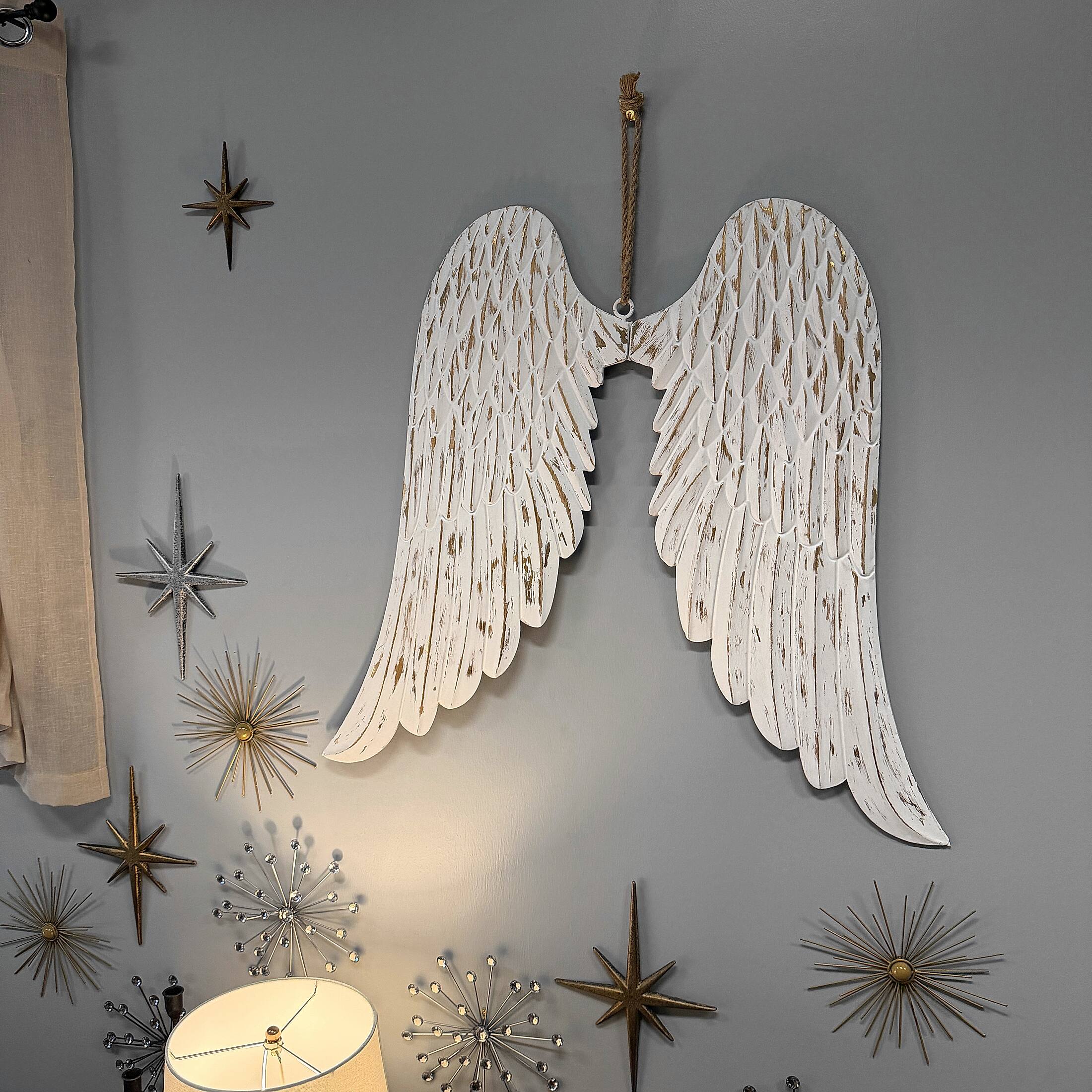 Alt View 4. Zeckos - Metal Angel Wings Wall Sculpture Distressed White with Gold Accents 34 Inch Wide - White.