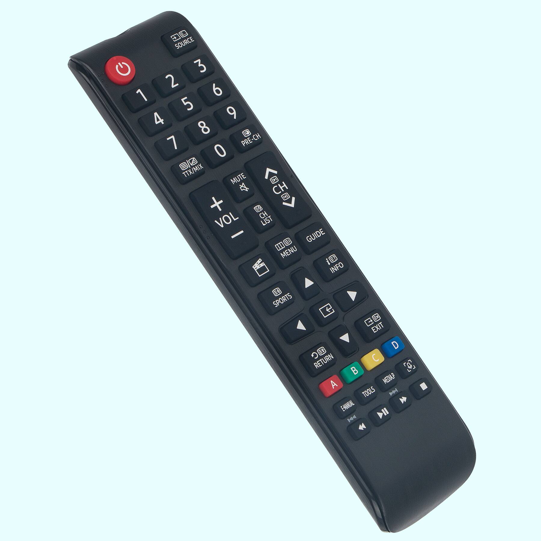 Sure, here is the corrected and grouped text from the image:

- **Top Row:**
  - SOURCE
  - 3
  - 2
  - 1
  - 6
  - 5
  - 4
  - 9
  - 8
  - 7

- **Middle Row:**
  - PRE-CH
  - 0
  - TTX/MIX
  - MUTE
  - CH
  - VOL
  - CH LIST
  - GUIDE
  - MENU
  - INFO
  - SPORTS
  - EXIT
  - RETURN

- **Bottom Row:**
  - B
  - C
  - A
  - MEDIAP
  - TOOLS
  - ENANU
  - HH
  - MII

- **Additional Buttons:**
  - Power (red button)
  - VOL +
  - VOL -
  - CH +
  - CH -
  - INFO
  - GUIDE
  - MENU
  - EXIT
  - RETURN
  - A
  - B
  - C
  - D
  - TOOLS
  - MII