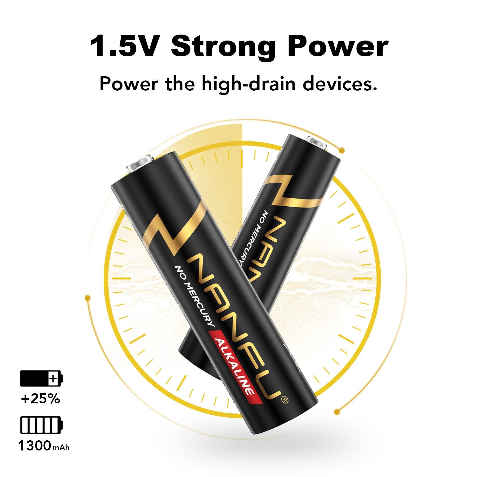 1.5V Strong Power  
Power the high-drain devices.  

ON NO MERCURY  
NANFU  
NO MERCURY  
ALKALINE  

+25%  
1300mAh