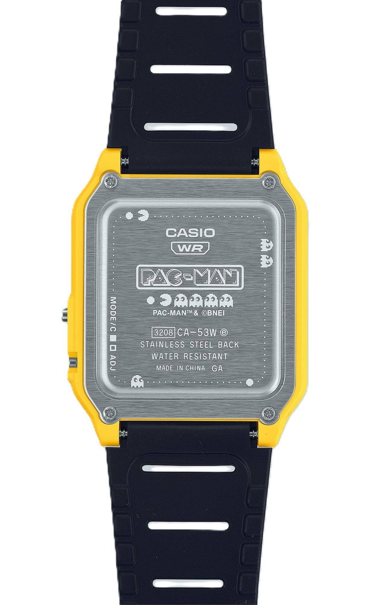 CASIO WR  
PAC-MAN  
PAC-MAN™ & ©BNEI  
3208 CA-53W  
STAINLESS STEEL BACK  
WATER RESISTANT  
MADE IN CHINA GA