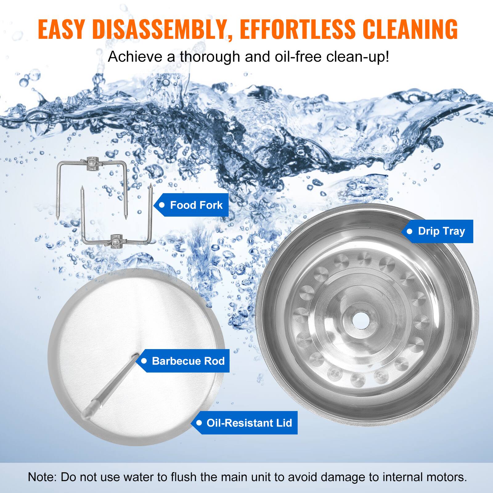 EASY DISASSEMBLY, EFFORTLESS CLEANING  
Achieve a thorough and oil-free clean-up!  

- Food Fork  
- Drip Tray  
- Barbecue Rod  
- Oil-Resistant Lid  

Note: Do not use water to flush the main unit to avoid damage to internal motors.