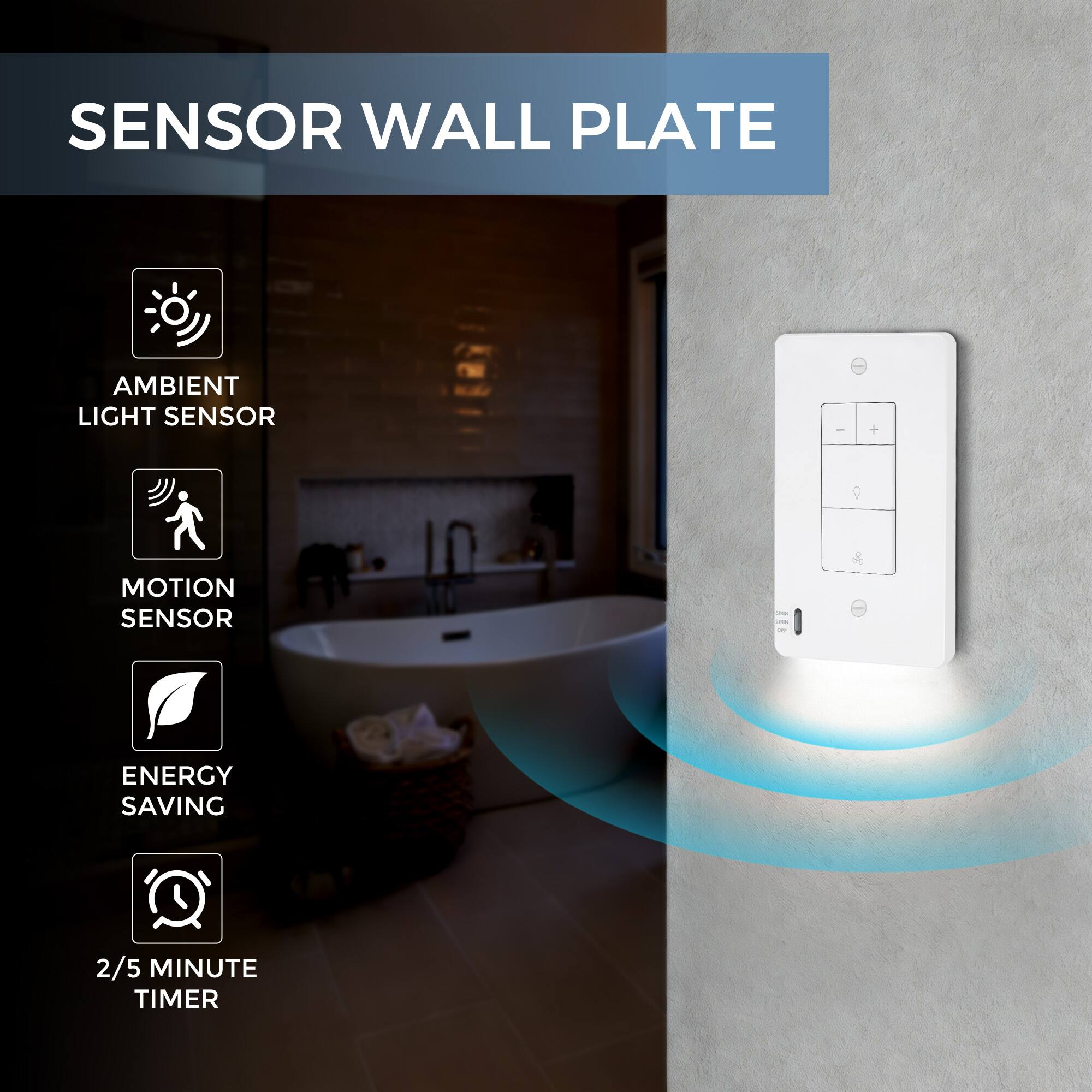 SENSOR WALL PLATE

- AMBIENT LIGHT SENSOR
- MOTION SENSOR
- ENERGY SAVING
- 2/5 MINUTE TIMER