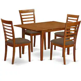 East West Furniture - MILA5-SBR-C 5 Pc set Milan with Leaf and 4 Fabric Dinette Chairs - Saddle Brown