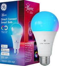 Sure, here is the corrected and grouped text from the image:
---
**CYNC Direct Connect Smart Bulb**
- **Powered by SAVANT**
- **Millions of Colors & White Tones**
- **CYNC Full Color**
**Features:**
- Works with Alexa
- Works with Google Home
- Works with Matter
- 100W | 1600 replacement lumens
- 1 BULB | LED | A21
**Get Started With the CYNC App:**
- Easily connect to Wi-Fi without a hub.
- Enjoy precise color, personalization, and voice control that works with Amazon Alexa or Google Assistant (sold separately).
**CYNC Full Color**
---
This text is organized to reflect the information presented on the packaging and the bulb itself.