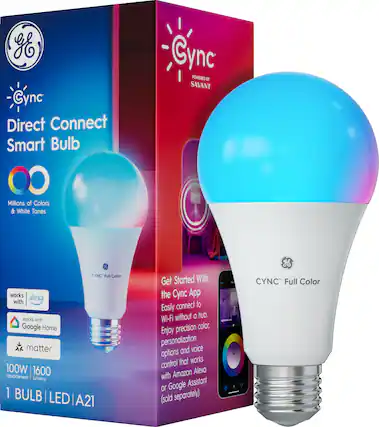 Sure, here is the corrected and grouped text from the image:
---
**CYNC Direct Connect Smart Bulb**
- **Powered by SAVANT**
- **Millions of Colors & White Tones**
- **CYNC Full Color**
**Features:**
- Works with Alexa
- Works with Google Home
- Works with Matter
- 100W | 1600 replacement lumens
- 1 BULB | LED | A21
**Get Started With the CYNC App:**
- Easily connect to Wi-Fi without a hub.
- Enjoy precise color, personalization, and voice control that works with Amazon Alexa or Google Assistant (sold separately).
**CYNC Full Color**
---
This text is organized to reflect the information presented on the packaging and the bulb itself.