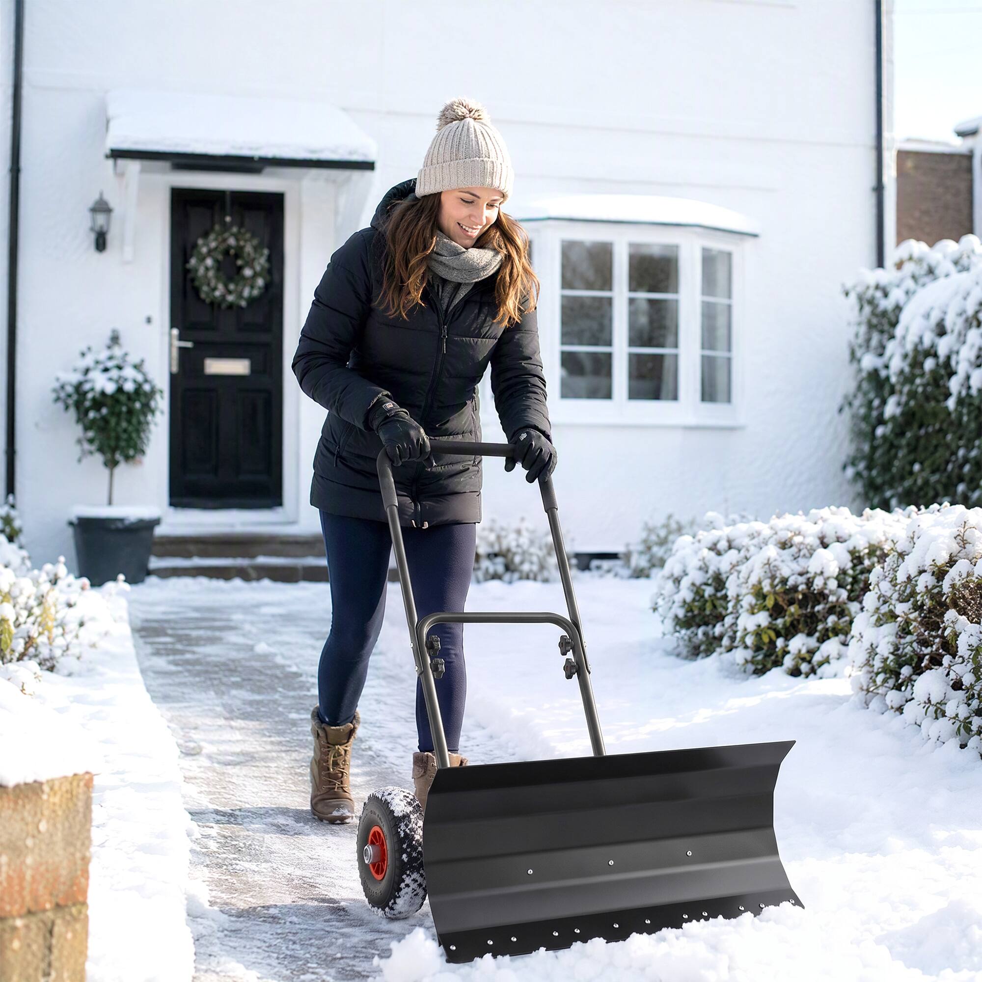 Alt View 1. Outsunny - Shovel with Wheels, 29" x 16.5" Metal Snow Pusher with Adjustable Handle - Black.